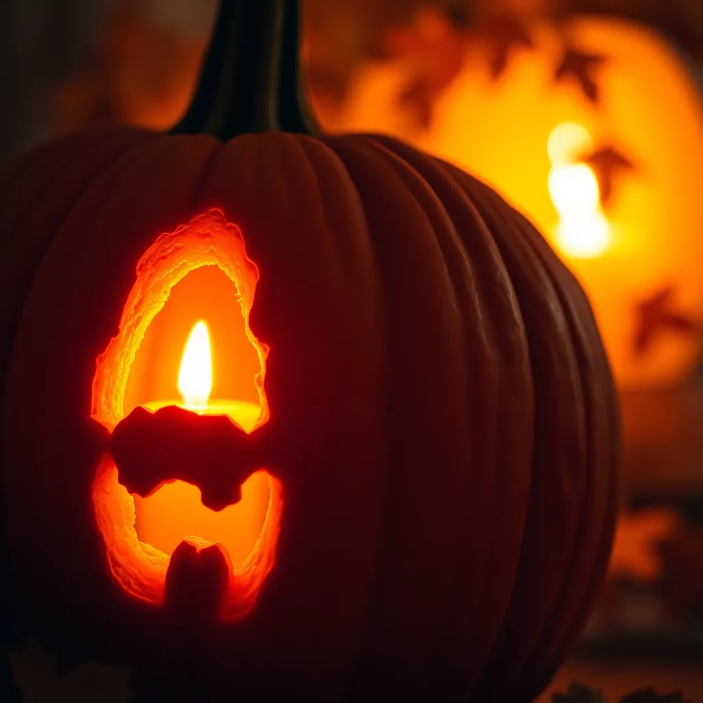 This striking close-up of a carved pumpkin reveals intricate details and a warm candlelight glow. The flickering light enhances the textures of the pumpkin's surface, creating an inviting Halloween ambiance. The warm colors of orange and yellow invite the viewer into the scene. Perfect for capturing the essence of Halloween festivities, this image embodies seasonal charm.
