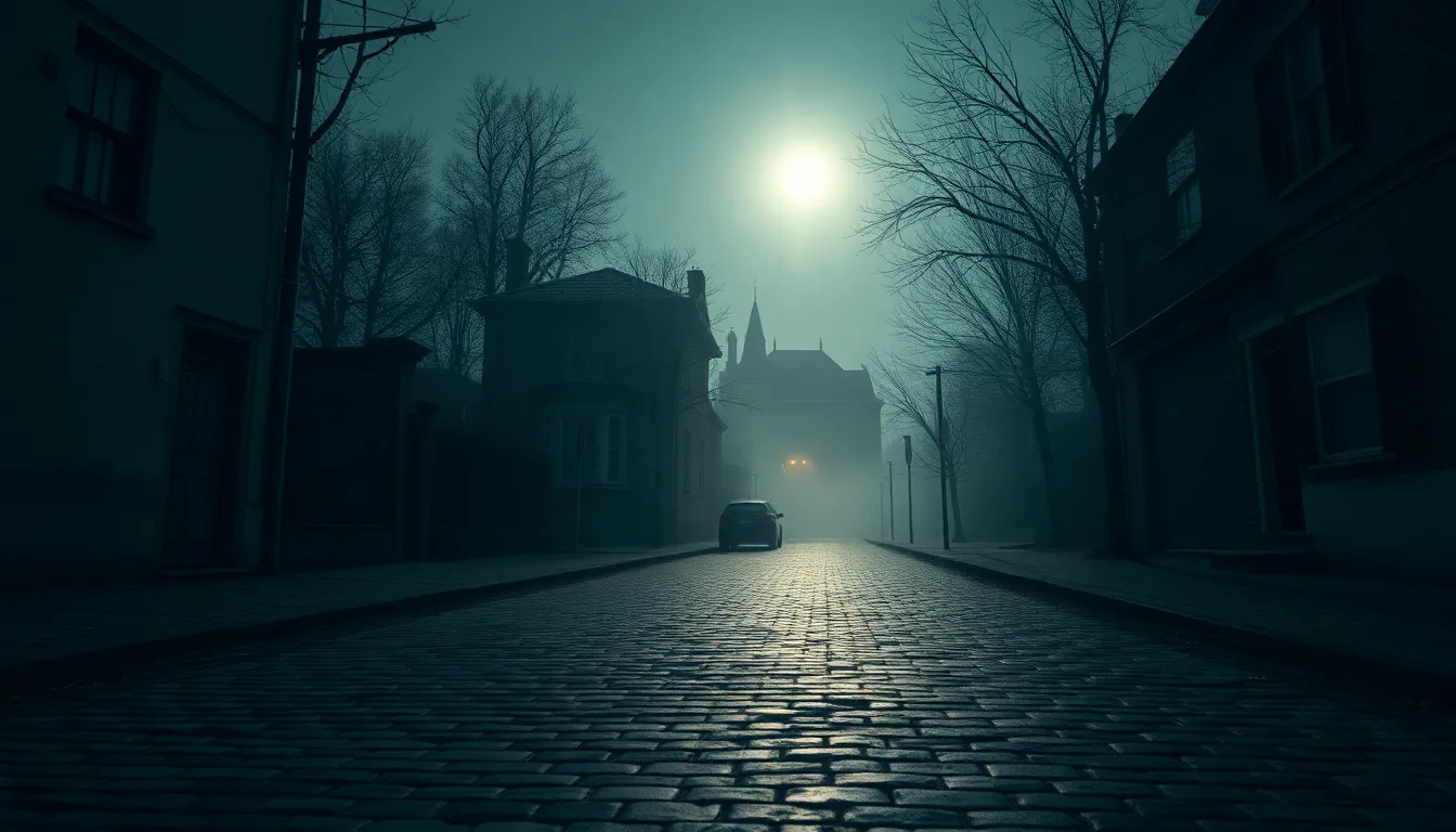 Haunted House on a Moonlit Night This atmospheric image captures a haunted house illuminated by the full moon, casting dramatic shadows across an empty cobblestone street. The eerie teal and orange tones enhance the chilling ambiance as fog swirls around, creating a sense of mystery. Leading lines draw the viewer's eye towards the house, emphasizing its haunting presence against the backdrop of a dark, moonlit sky.