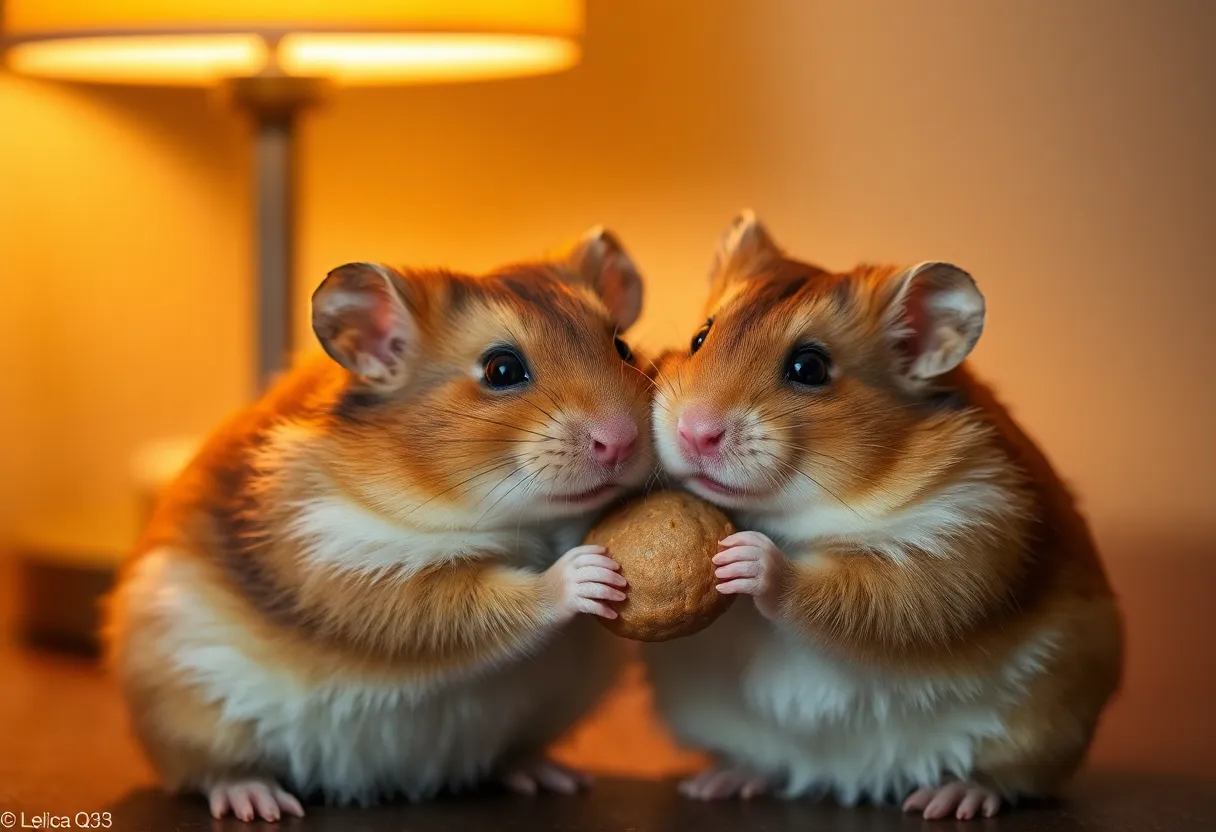 Two Hamsters Sharing a Treat This intimate image depicts two hamsters lovingly sharing a treat under the warm glow of tungsten light. The cozy lighting creates an enveloping atmosphere, enhancing the rich browns and soft creams that dominate the scene. Shallow depth of field focuses on their expressive faces, blurring the background into a warm softness that draws attention to their interaction. The close composition fosters a sense of connection, celebrating the bond between these charming pets.