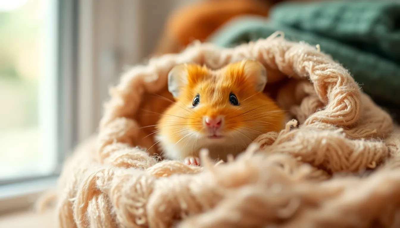 Curious Golden Hamster in Cozy Nest This warm, inviting image features a curious golden hamster peeking out from a soft bedding nest. Bathed in natural daylight, the hamster's expressive eyes are in sharp focus, while the background remains pleasantly blurred. The cozy atmosphere is enhanced by earthy tones, creating a tranquil scene. The composition draws attention to the hamster, making it the heart of the image.