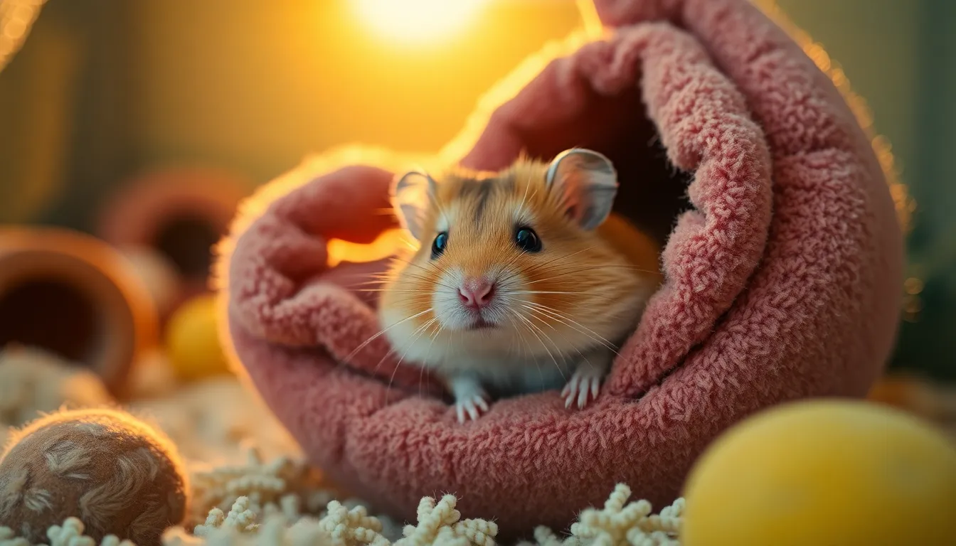 Curious Golden Hamster in Cozy Hammock A delightful golden hamster peeks from a soft fleece hammock, bathed in warm golden hour light. The shallow depth of field emphasizes its fuzzy texture while the background blurs into a cozy pet habitat filled with colorful bedding and toys. This tranquil scene captures the essence of a pet's comfort and curiosity, with muted earth tones enhancing the warmth of the overall mood.