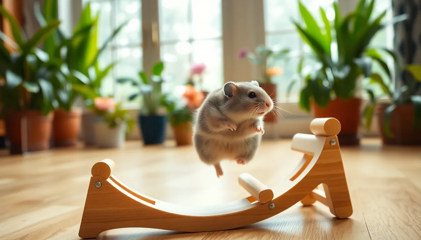 Gray Hamster on Exercise Wheel A lively gray hamster is caught mid-action, running on its wooden exercise wheel under gentle overcast light. The sharp focus captures the intricate texture of its fur and the natural wooden surface of the wheel. With vibrant house plants in the background, the scene bursts with life, showcasing the playful energy of this beloved pet amidst a warm and inviting atmosphere.