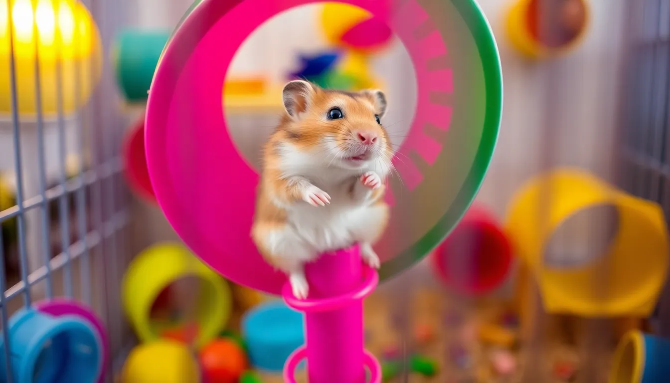 Playful Hamster Climbing Tube in Colorful Cage A vibrant scene captures a playful hamster climbing a spiral tube inside its colorful cage. Bright lighting creates a cheerful ambiance, while the shallow depth of field emphasizes the hamster’s energetic pose amidst the festive backdrop of toys and tunnels. This engaging composition showcases the lively spirit of small pets in their playful environments.