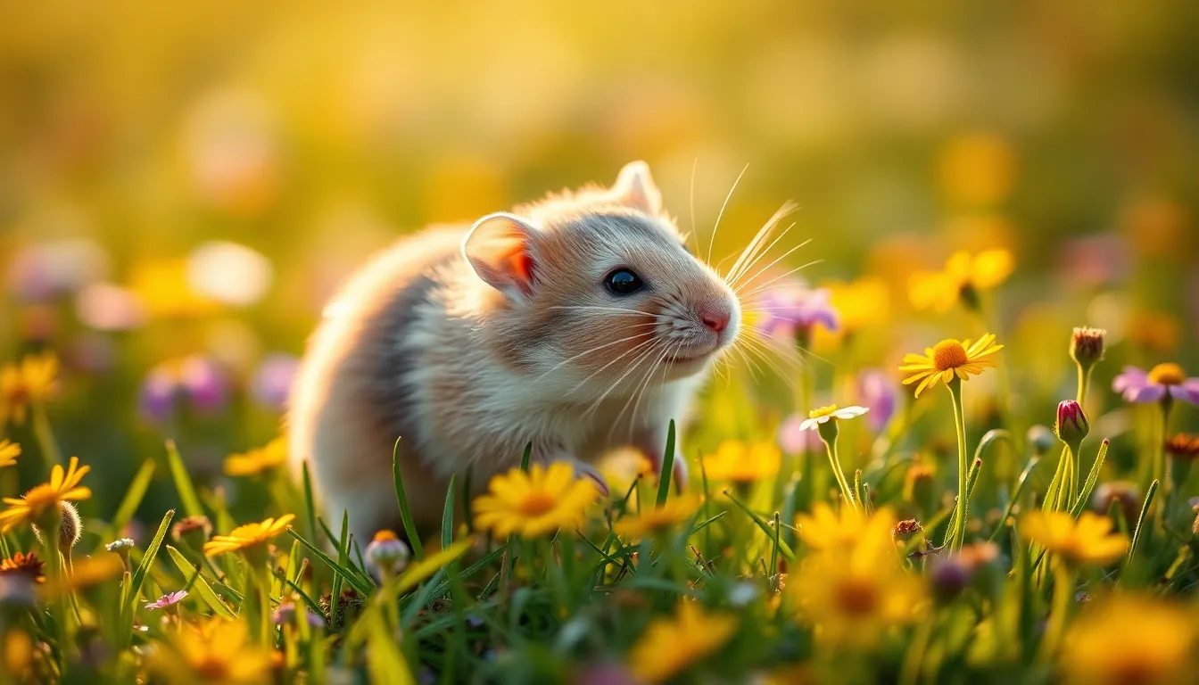 This charming image captures a playful hamster exploring a vibrant meadow filled with colorful wildflowers under the warm glow of the golden hour. The shallow depth of field accentuates the hamster's detailed fur texture, while the soft focus background creates a dreamy atmosphere. The rich greens and yellows contribute to the cheerful mood, making it a delightful representation of a pet's joyful exploration in nature.