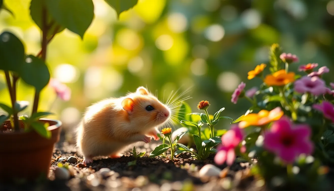 In this enchanting image, a curious hamster explores a charming miniature garden setting filled with vibrant flowers. Dappled sunlight filters through the leaves above, casting playful shadows and highlights across the scene. The shallow depth of field keeps the hamster in sharp focus, enhancing its inquisitive nature while softening the colorful floral backdrop. The rich greens and floral tones create a lively and joyful atmosphere, making this a delightful depiction of pet exploration.