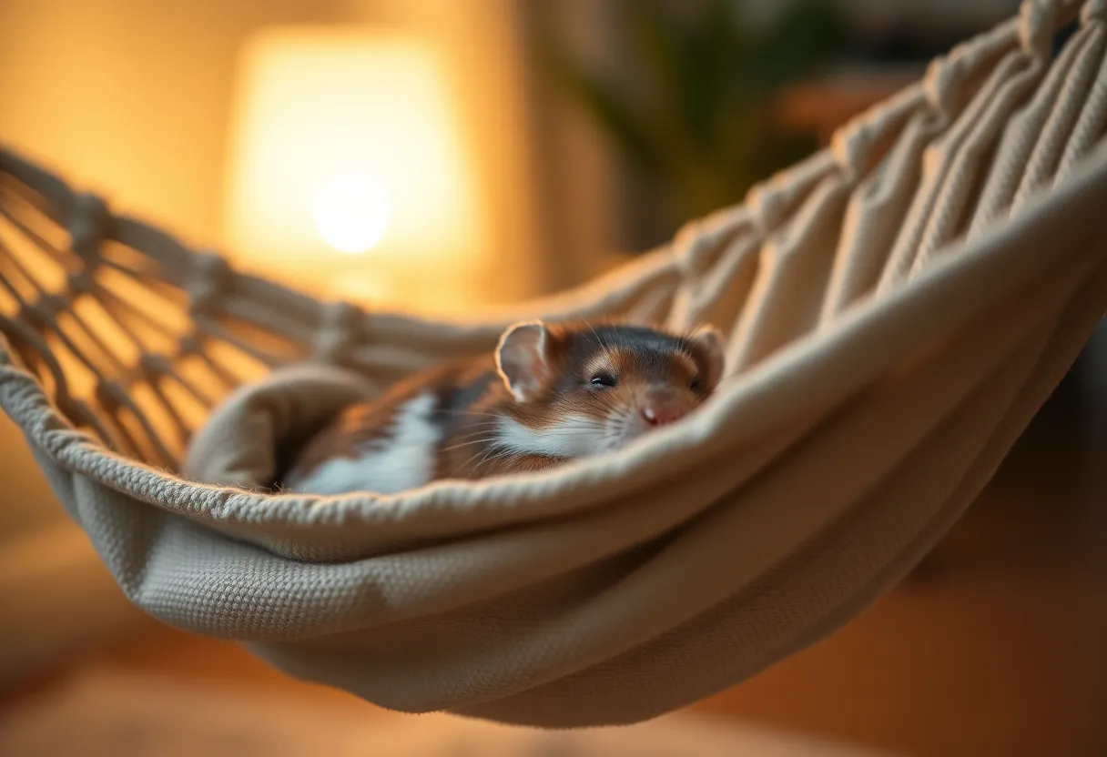 Hamster Sleeping in a Cozy Hammock This peaceful image portrays a sleeping hamster nestled comfortably in a soft hammock, exuding a tranquil atmosphere. Warm ambient lighting casts a gentle glow, enhancing the soft textures of the hammock and the hamster's fur. The entire scene is captured with pristine clarity, showcasing the intricate details that evoke a sense of calm and coziness. The soothing color palette and centered composition create a perfect serene moment in pet life.