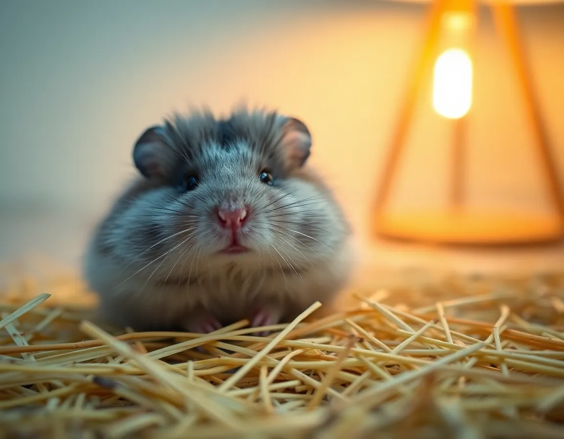 Fluffy Grey Hamster Resting on Hay This peaceful portrait features a fluffy grey hamster comfortably resting on a bed of soft hay. The warm lighting from a desk lamp creates a soft glow, highlighting the delicate textures of the hamster’s fur and the hay. The dreamy bokeh background enhances the serene atmosphere, inviting viewers into this calm moment. The centered composition ensures that the gentle essence of the hamster's demeanor is the focal point.