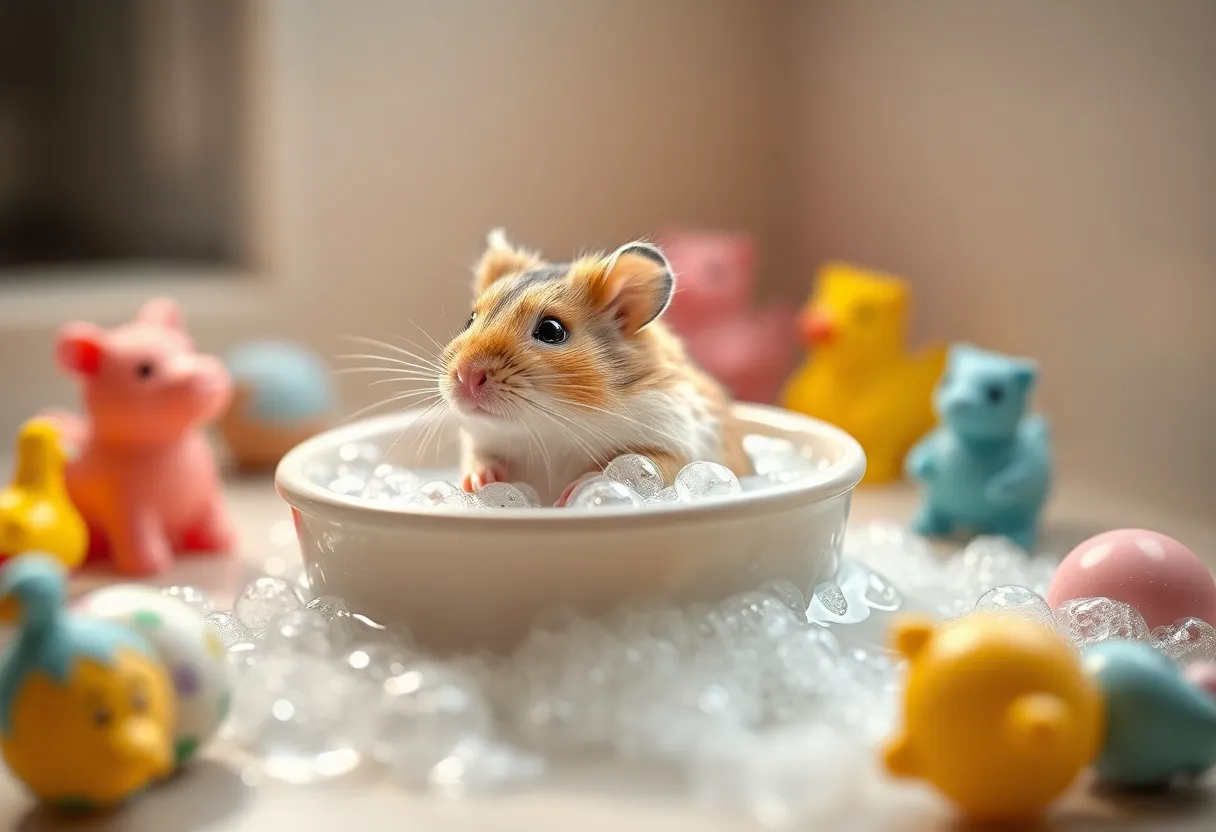 Hamster Taking a Tiny Bath with Bubbles This charming image captures a whimsical moment of a hamster enjoying a tiny bath in a ceramic dish filled with water and bubbles. The warm light from a nearby window creates a delightful sparkle on the water's surface, while the soft pastel colors enhance the cheerful atmosphere. Positioned using the rule of thirds, the hamster stands out playfully among the surrounding bath toys. This delightful scene captures the joy and innocence of pet life.