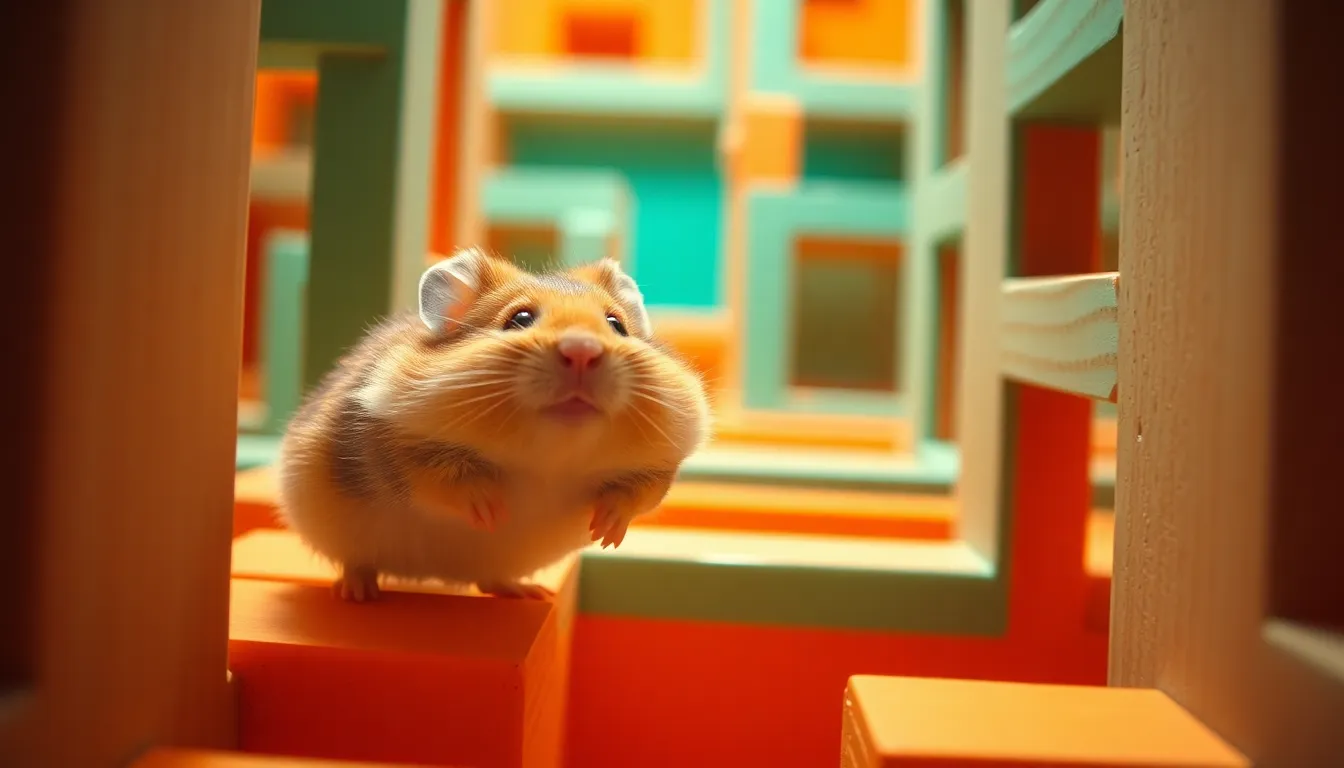 Hamster Climbing Through a Maze In this dynamic action shot, a hamster is seen energetically climbing through a maze, perfectly capturing its adventurous spirit. Bright studio lighting highlights the hamster's fur and the maze's structure, creating a sense of excitement. The rich colors are enhanced with a cinematic teal and orange grading, adding depth to the playful scene. The engaging composition, with leading lines of the maze, draws the viewer's attention to the hamster's spirited ascent.