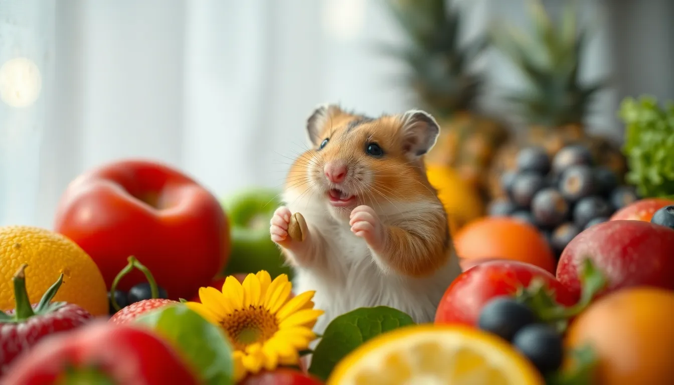 Dwarf Hamster Nibbling on Sunflower Seed In a vibrant scene, a charming dwarf hamster munches on a sunflower seed amidst a colorful array of fresh fruits and vegetables. The soft daylight highlights its tiny paws and fur, creating an inviting atmosphere. Saturated colors enhance the freshness and liveliness of the setup, making this image a delightful representation of pet care and nutrition.