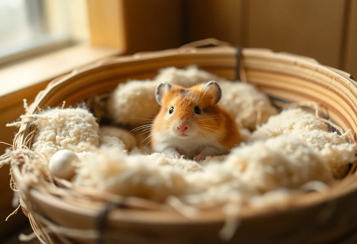 This heartwarming image depicts an adorable hamster nestled in a cozy wooden nest, surrounded by soft bedding that enhances its charm. Captured in soft daylight, the warm tones create a comforting atmosphere perfect for pet lovers. The detailed textures of the bedding contrast beautifully with the smooth fur of the hamster, making this scene an ideal representation of a pet's snug sanctuary.