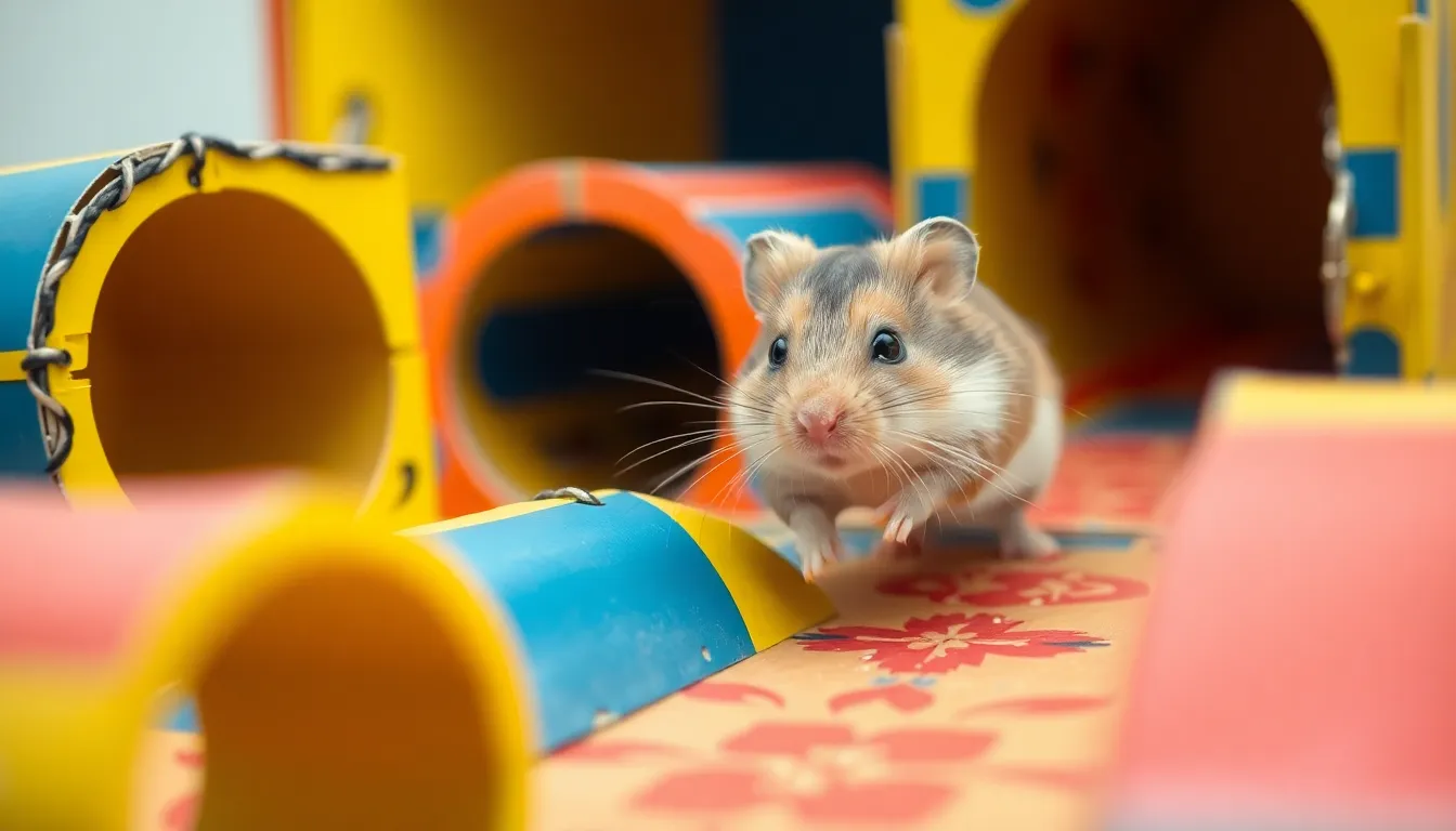 Hamster Exploring Miniature Obstacle Course In this engaging photograph, an adventurous hamster is seen exploring a colorful miniature obstacle course made of cardboard. The soft, even lighting from an overcast day beautifully illuminates the scene, highlighting the hamster's curiosity. With a focus on the hamster and a blurred backdrop, the vibrant colors of the course create a lively and playful atmosphere. The composition draws the viewer's eye through the obstacle course, inviting excitement.