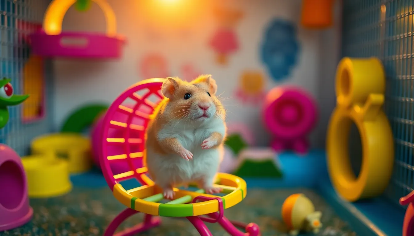 An energetic hamster is dynamically running on a vibrant exercise wheel, illuminated by the warm glow of golden hour light. The softly blurred background enhances the sharp focus on the hamster and its vivid habitat, creating a cheerful and lively atmosphere. Leading lines from the accessories of the habitat guide the viewer’s eye towards the adorable pet as it embraces its playful spirit.