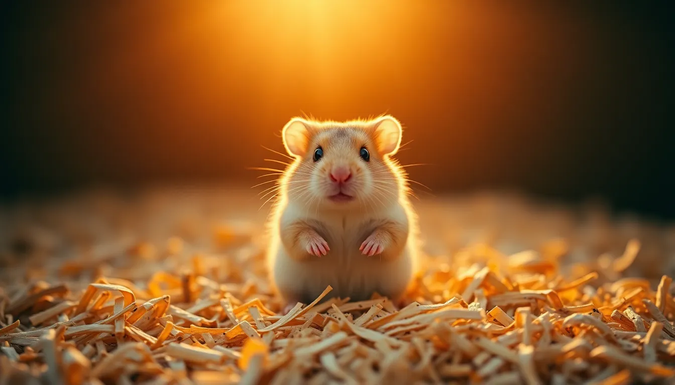 This charming image features a fluffy hamster perched comfortably on a bed of natural wood shavings. The warm golden hour light enhances the soft tones of the hamster's fur while creating an inviting ambiance. With a beautifully blurred background, this photo captures the delicate details of the hamster's tiny paws and its inquisitive expression. The rich textures and warm colors make it perfect for pet-related content.