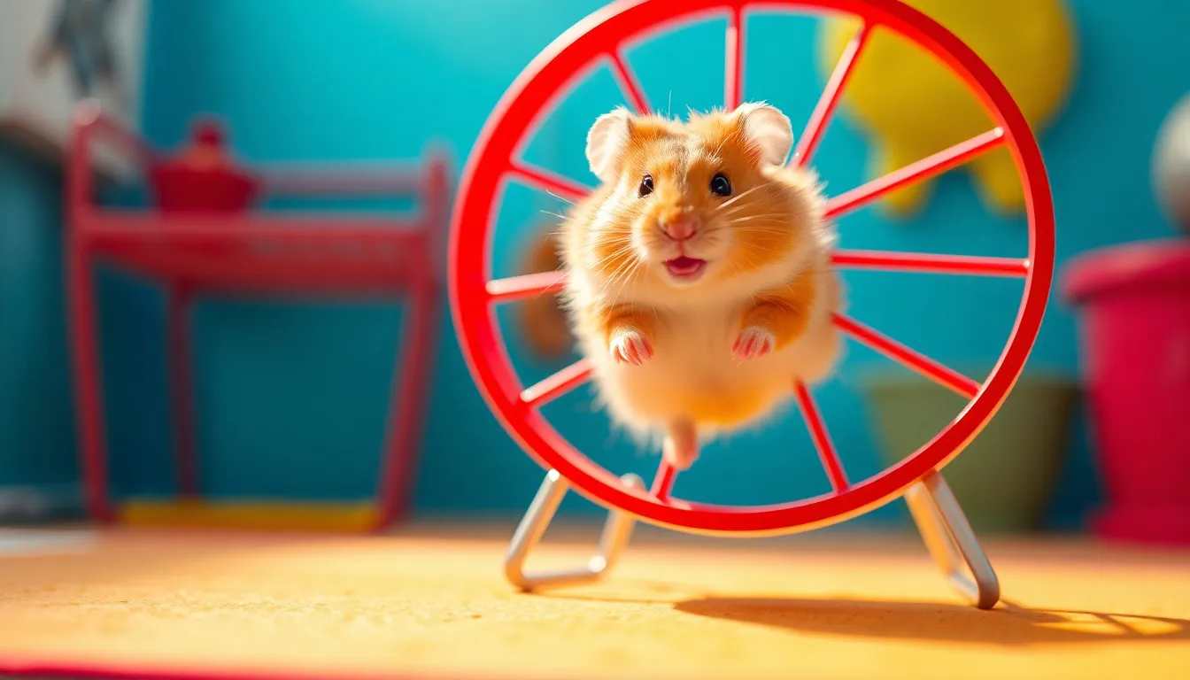 This dynamic image features a golden hamster joyfully playing on a bright red exercise wheel. The cheerful midday lighting enhances the vibrancy of the scene, creating a playful mood. With contrasting colors and a careful use of leading lines, the composition brings attention to the hamster's lively actions. This visually engaging image is perfect for showcasing the energy and joy of pet hamsters.
