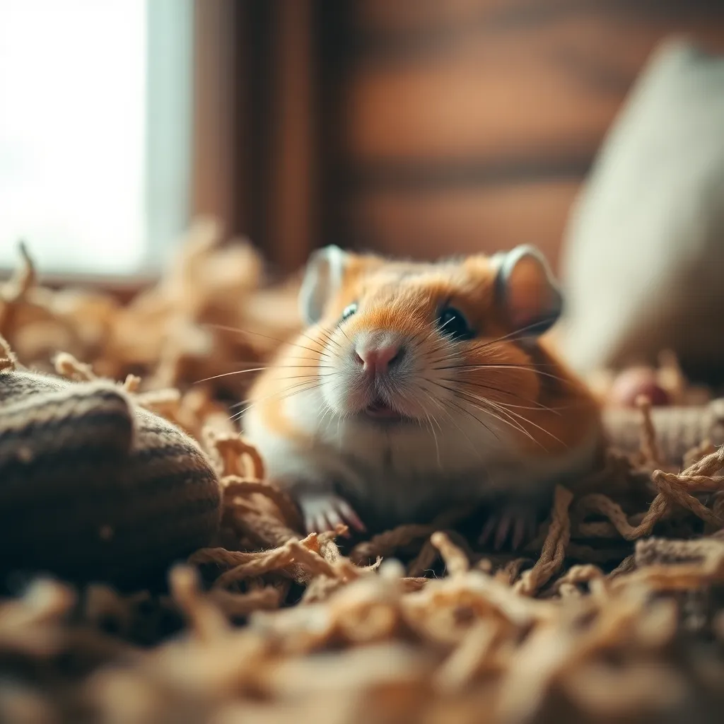 Hamster Relaxing in Soft Bedding In this serene close-up image, a hamster is depicted lounging in a cozy bed of soft bedding materials. The overcast daylight beautifully highlights its warm, fluffy fur and the tranquil expression on its face. The intimate focus draws attention to the intricate details of the hamster's whiskers and the textured bedding, creating a peaceful mood that invites the viewer to pause and enjoy the moment.