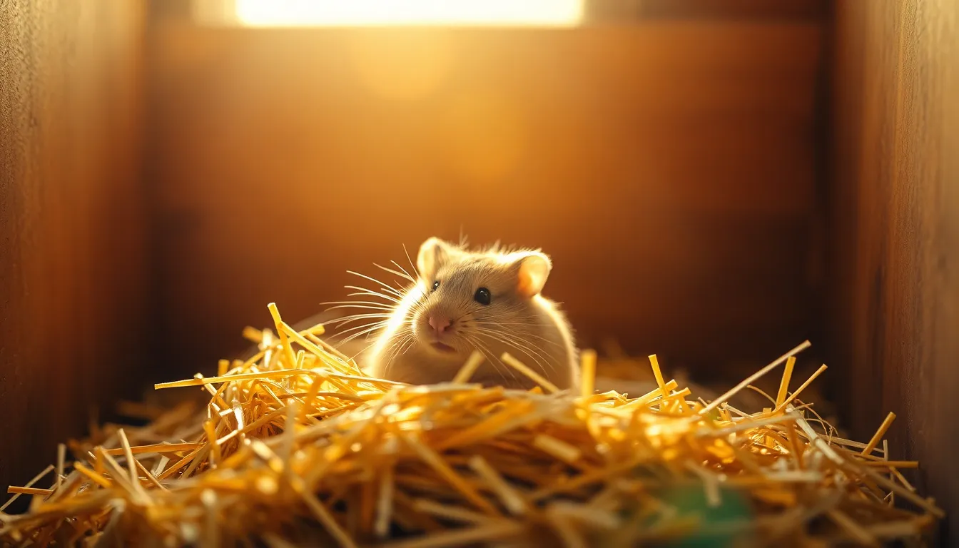 Playful Hamster in Cozy Nest This charming image showcases a playful hamster peeking out from a nest of hay inside a rustic wooden cage. Bathed in warm golden hour light, the scene evokes a sense of warmth and comfort. The soft textures of the hay and wood are beautifully captured, while the shallow depth of field draws attention to the hamster's curious expression. It's an inviting portrayal of pet life, perfect for animal lovers.