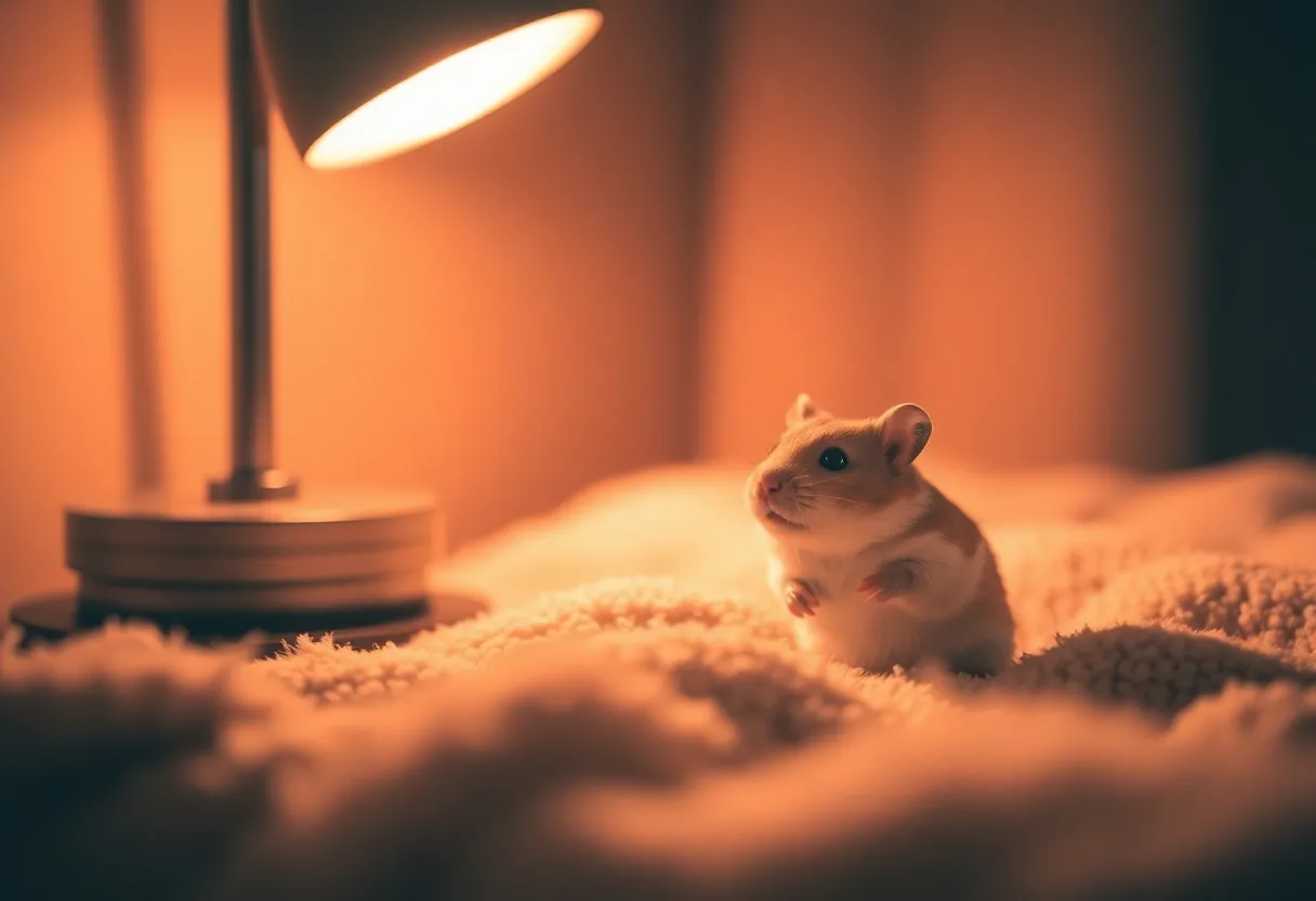 Adorable Golden Hamster on Wooden Bridge This heartwarming image features a golden hamster comfortably seated on a small wooden bridge, illuminated by a warm desk lamp. The hamster’s fluffy fur and twinkling eyes are highlighted with a shallow depth of field, creating a charming atmosphere. The warm color palette adds a cozy feel, making the scene inviting and delightful. The composition is symmetrical, drawing the viewer's eye directly to the hamster's endearing expression.