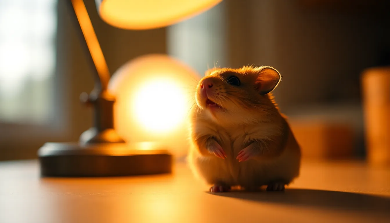 This charming image features a playful hamster enthusiastically nibbling on a small snack, illuminated by the warm glow of a tungsten lamp. The soft, plush texture of the hamster's fur captures the eye, contrasting beautifully against the blurred background bokeh. The colors are rich and inviting, with warm tones enhancing the cozy atmosphere. The composition draws viewers in, emphasizing the hamster's adorable features.