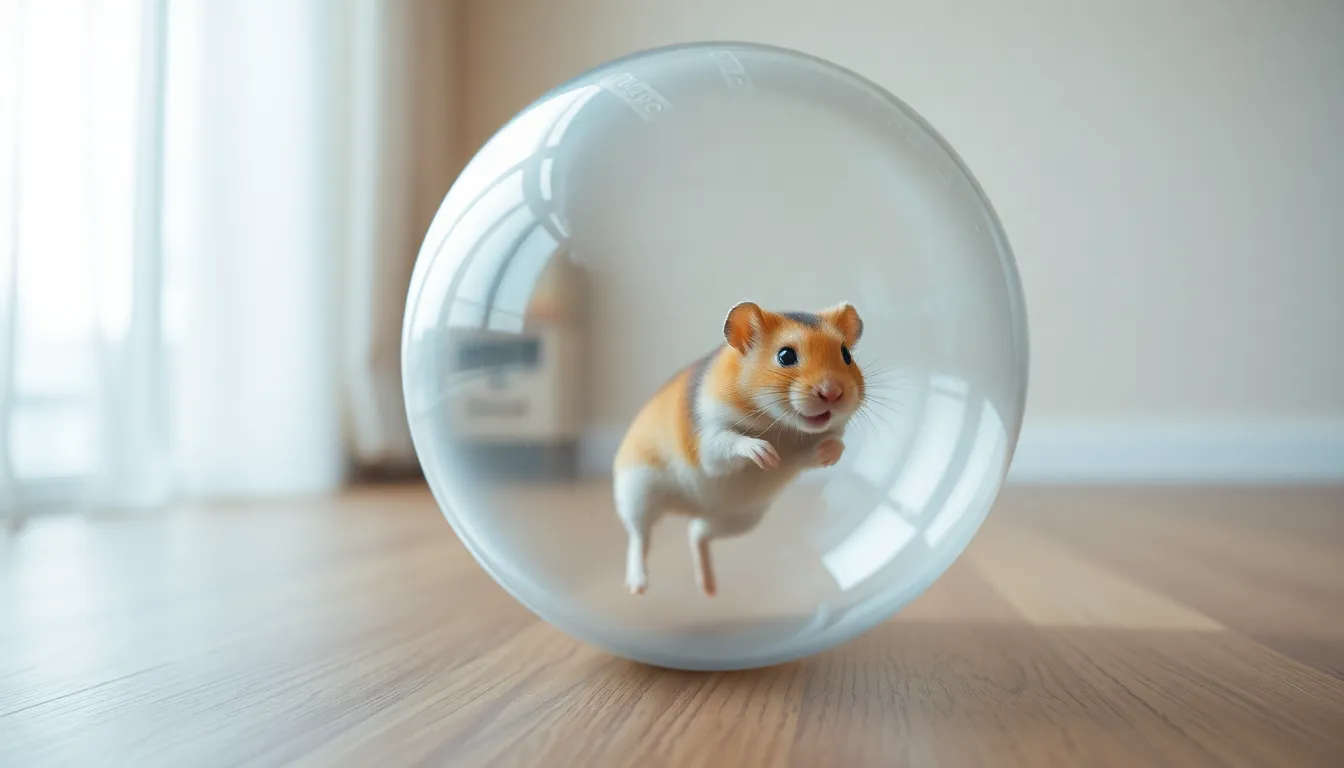 Playful Hamsters in Enclosure This lively image showcases several hamsters playfully exploring their transparent glass enclosure. Bright fluorescent lighting captures their vibrant colors and expressive movements, while the hyperfocal depth sharpens the entire scene. The use of leading lines enhances the dynamic feel of the composition, inviting viewers to engage with these adorable pets. It's a lively representation of hamster playfulness.