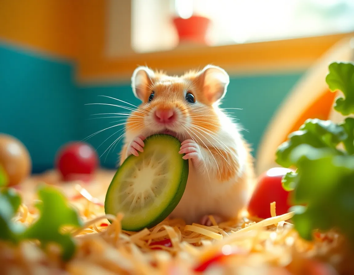 Hamster Enjoying Fresh Vegetables This delightful macro image captures a hamster happily nibbling on a slice of fresh vegetable, showcasing the intricate details of its tiny paws and the vibrant colors of the food. Soft, natural light enhances the cheerful atmosphere, highlighting the textures of both the hamster and its surroundings. The composition invites viewers to focus on the playful moment, celebrating the joy of pet ownership and healthy eating.