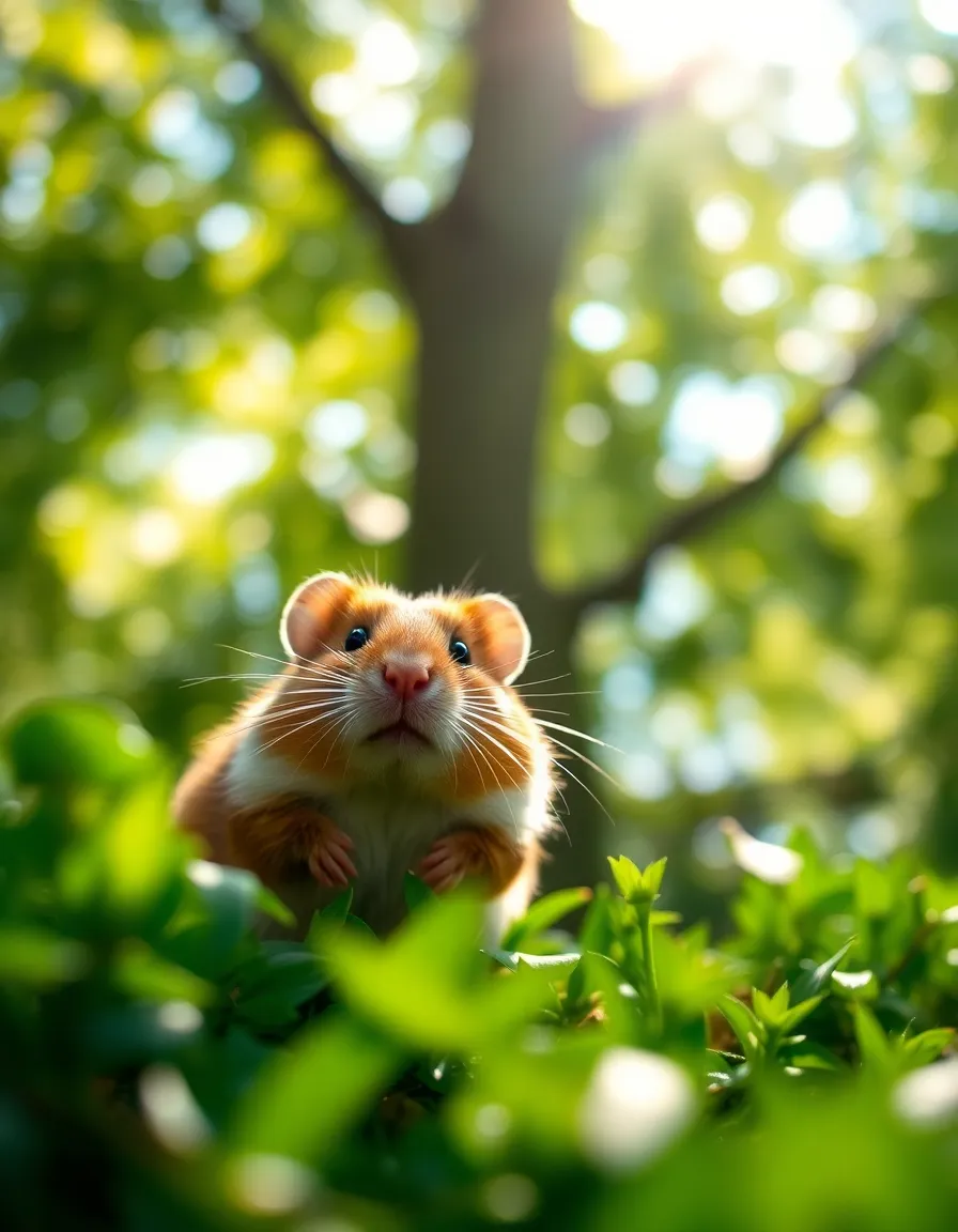 An adorable hamster peeking out from lush greenery in a garden, illuminated by dappled sunlight filtering through the leaves. The macro shot captures the hamster's detailed fur and bright eyes, surrounded by vibrant greens. The soft bokeh enhances the magical atmosphere, inviting viewers into this serene setting. This image beautifully represents the harmonious relationship between pets and nature.
