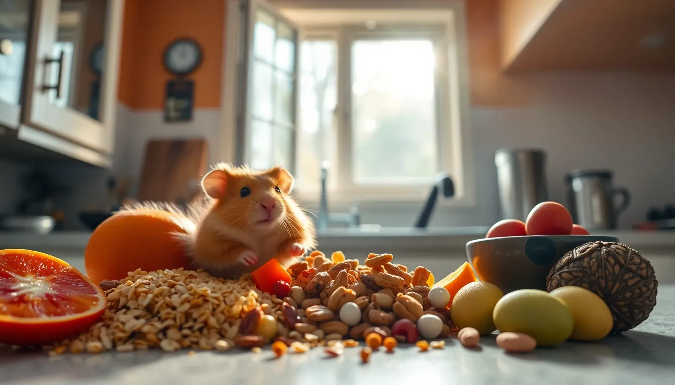 This vibrant image showcases an artistic arrangement of hamster treats on a warm kitchen countertop. Natural light streams through an open window, illuminating the rich textures of grains, nuts, and colorful fruits, evoking a sense of warmth and healthfulness. The saturated colors and careful composition draw the viewer in, making it perfect for pet nutrition or product promotion.