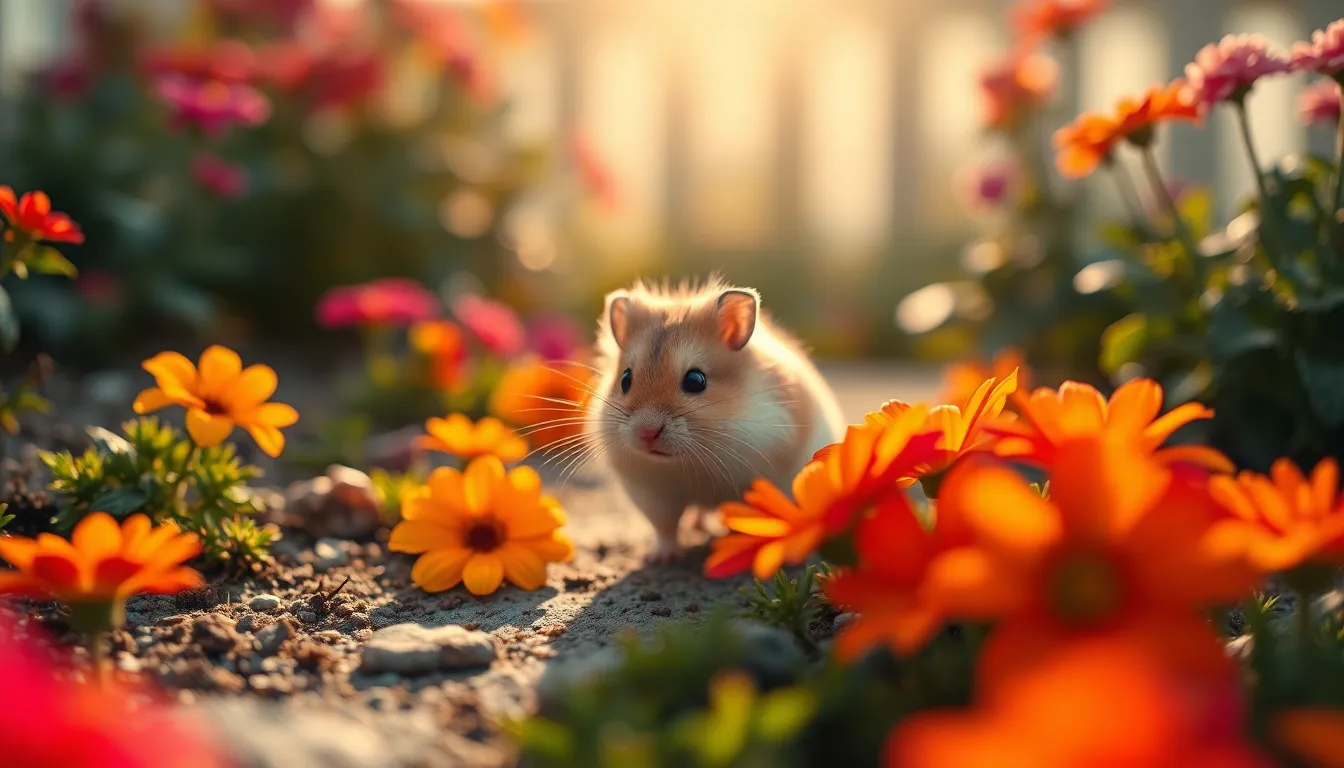 This stunning image features a hamster curiously exploring a vibrant garden filled with colorful flowers. The warm golden hues of late afternoon sunlight illuminate the scene, enhancing the natural textures of the hamster's fur and the delicate petals. With hyperfocal clarity, every detail comes into sharp focus, and the leading lines of the garden path draw the viewer's eye toward the adorable subject. This lively composition embodies the joy of discovery in nature.