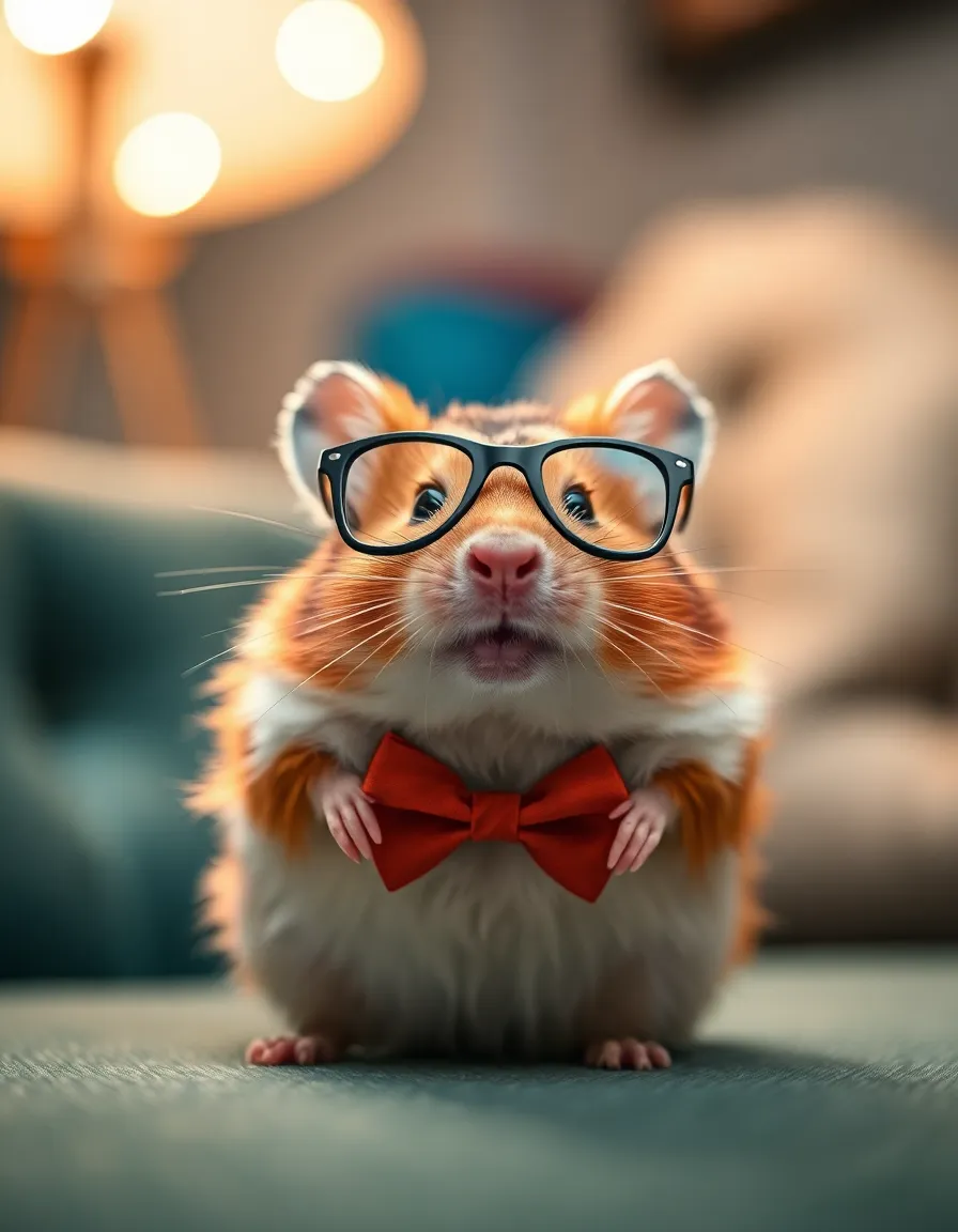 Stylish Hamster with Accessories This charming image presents a stylish hamster adorned with a trendy bowtie and glasses, set against an elegant backdrop. The expert lighting showcases its fashionable outfit while emphasizing its confident posture. The medium format captures every detail of the hamster's fur and the textures of its accessories, creating a playful yet sophisticated atmosphere. Centered composition draws attention to the adorable character of the hamster, making it an irresistible image for pet lovers.