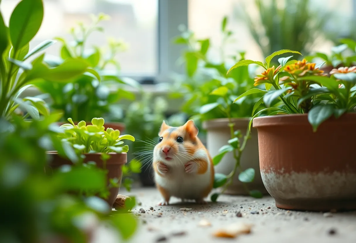 Hamster Exploring Indoor Garden