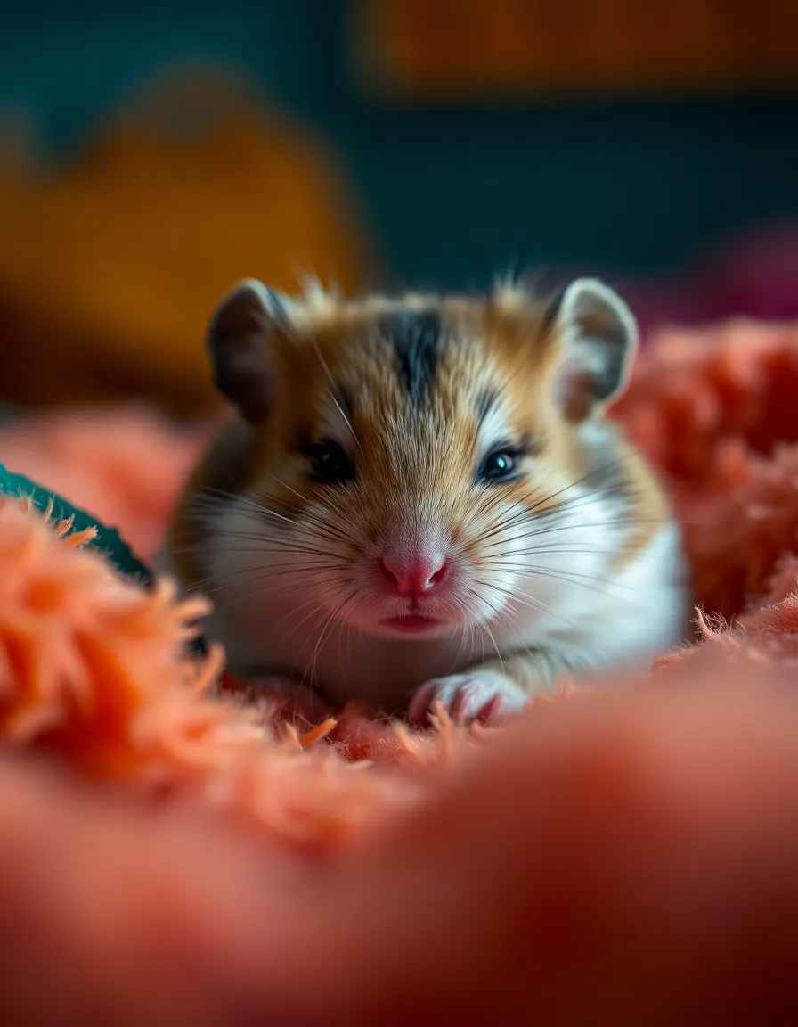 Hamster Snuggling in Colorful Bedding This intimate close-up shot features a hamster snuggled comfortably in a cozy bed of colorful bedding, enveloped in soft textures. The Rembrandt lighting softly illuminates the scene, creating dramatic shadows that add depth and warmth. The cinematic teal and orange grading enhances the visual appeal while the Dutch angle adds a touch of playful energy. The image beautifully captures the fluffy details of the bedding and the hamster's natural beauty.