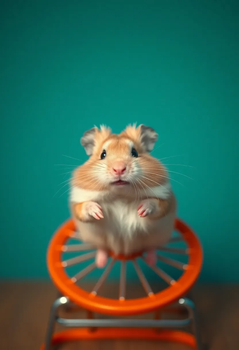 A captivating shot of a hamster energetically running on its exercise wheel, captured in a studio setting with dramatic lighting. The teal and orange color grading adds a cinematic flair, while the soft lighting accentuates the hamster's fluffy texture. The symmetrical composition perfectly frames the subject, emphasizing its dynamic movement. This image highlights the playful activity of hamsters and their enthusiastic nature.