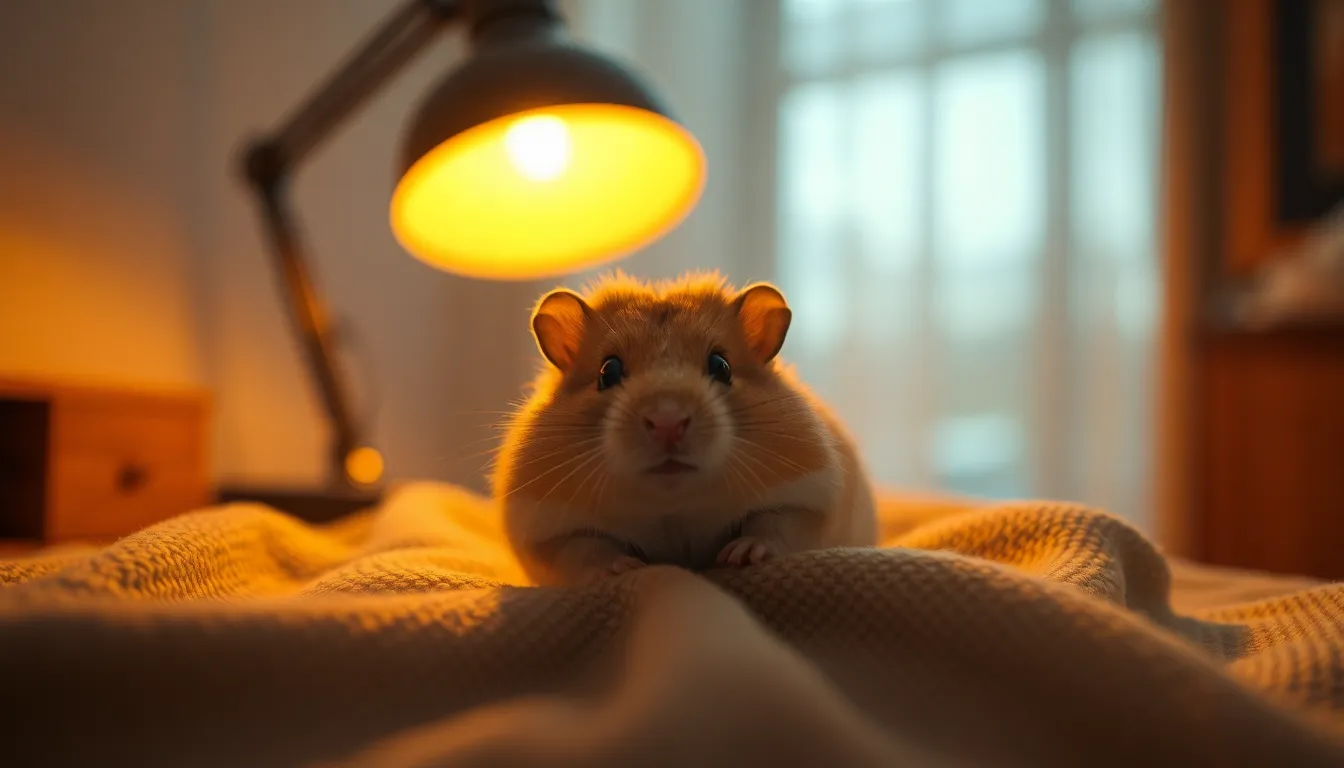 This intimate portrait captures a cozy hamster resting atop a textured fabric in warm indoor lighting. The soft glow from the tungsten lamp envelops the scene, while the shallow depth of field isolates the hamster, emphasizing its gentle fur and sweet expression. The rich, inviting colors and textures create a comforting atmosphere, making it ideal for pet-related imagery.