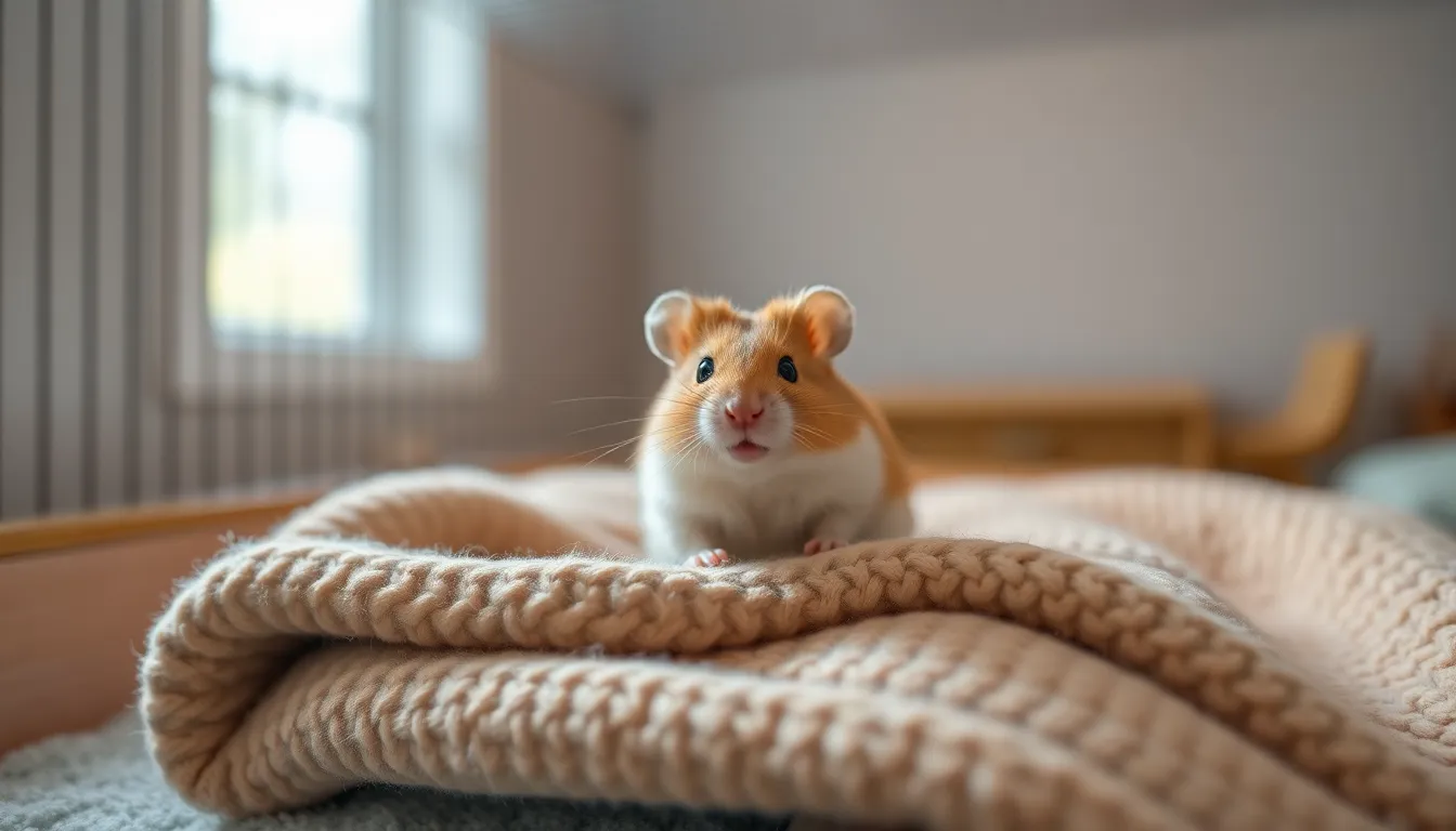 This serene image captures a hamster comfortably perched on a soft blanket in its habitat. The soft, natural light filtering through a nearby window creates a warm and inviting mood. With a shallow depth of field, the soft textures of the blanket and the hamster's gentle expression pop against a blurred background. The pastel color palette adds to the calming ambiance, creating a soothing visual for pet lovers.