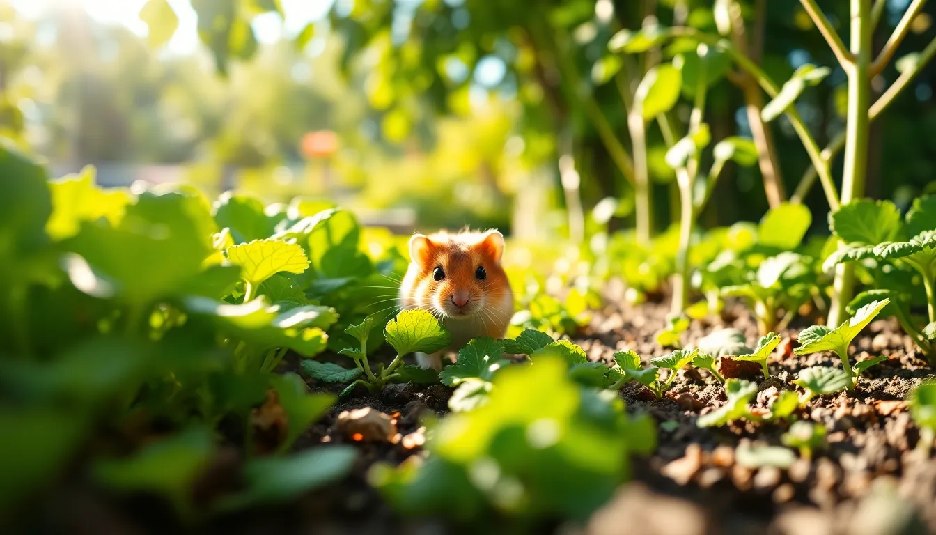 Hamster Exploring a Colorful Vegetable Garden This delightful image showcases a curious hamster exploring a lush vegetable garden filled with vibrant colors. Dappled sunlight adds depth to the scene, playing off the rich greens and yellows found throughout the garden. With a shallow depth of field, the hamster is beautifully highlighted, drawing the viewer's attention. The composition's leading lines invite exploration and adventure, creating a charming depiction of this small pet in nature.