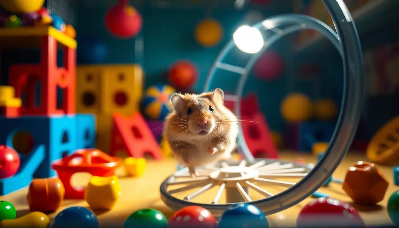 Energetic Hamster on Exercise Wheel This vibrant image captures an energetic hamster sprinting on its exercise wheel, surrounded by an array of colorful toys. Enhanced by dramatic studio lighting, the hamster's fur glistens, showcasing its motion and vitality. The lively colors of the toys create an engaging backdrop, while the shallow depth of field keeps the focus on the playful subject. This composition is perfect for showcasing the lively spirit of small pets.