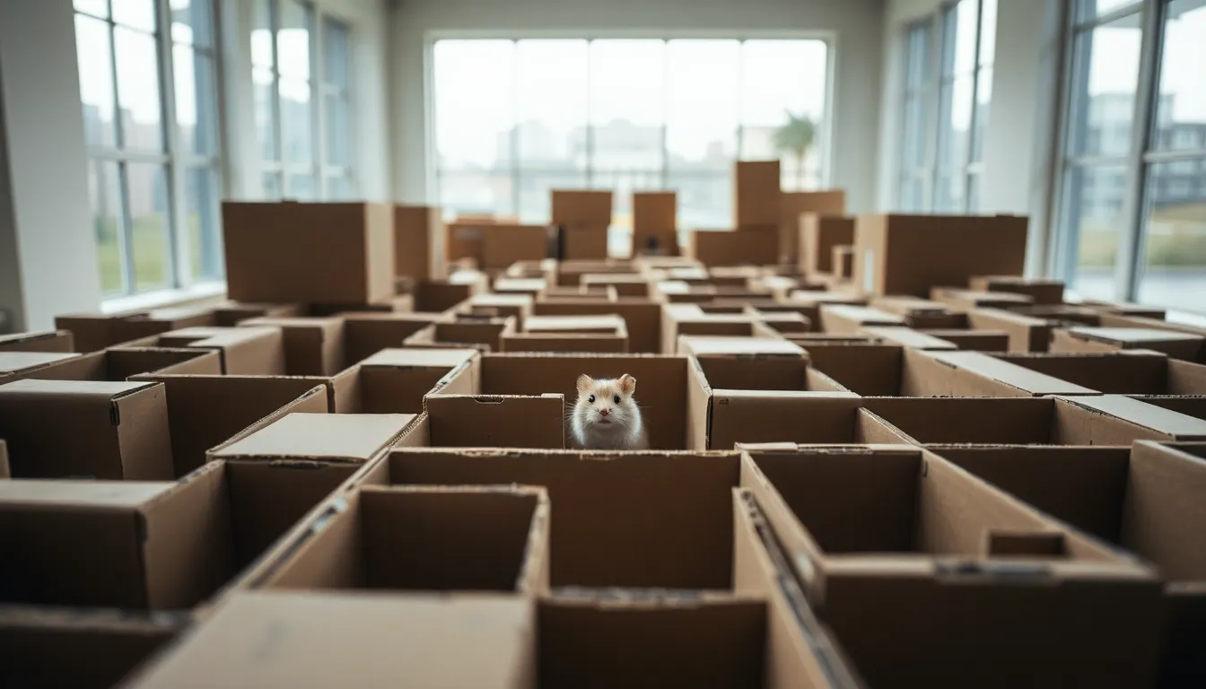 A hamster curiously exploring an intricate maze made of cardboard boxes, captured on a cloudy day with diffused daylight. The composition utilizes leading lines of the maze to draw the viewer's eye towards the little explorer. The muted colors and soft natural light create a calm, playful atmosphere. This scene highlights the adventurous spirit of hamsters and their affinity for exploration in their habitat.