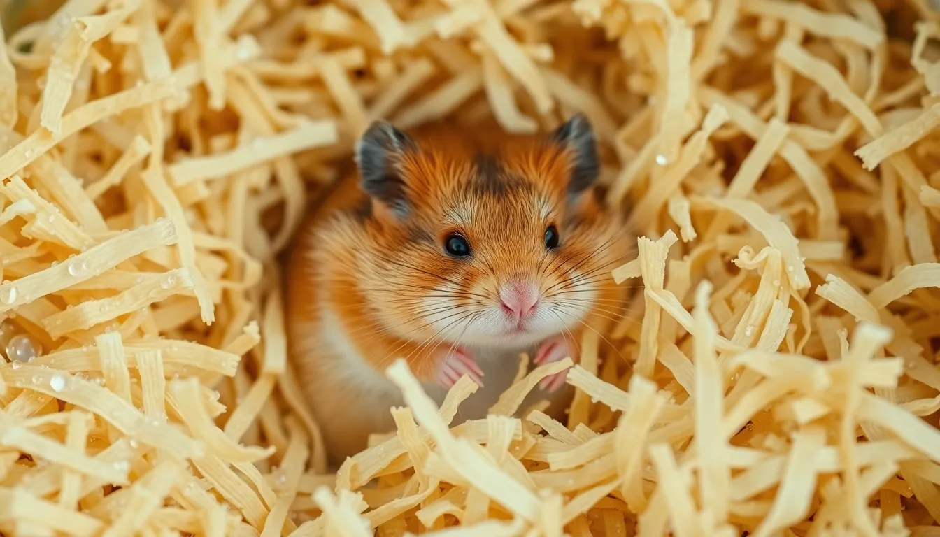 A serene hamster is peacefully nestled in a cozy bed of soft bedding materials, bathed in soft, diffused daylight on an overcast morning. Delicate morning dew droplets add a touch of freshness to the peaceful scene. The hyperfocal depth of field ensures that the intricate textures and subtle colors of the bedding are beautifully rendered, creating a tranquil ambiance that invites the viewer to relax.