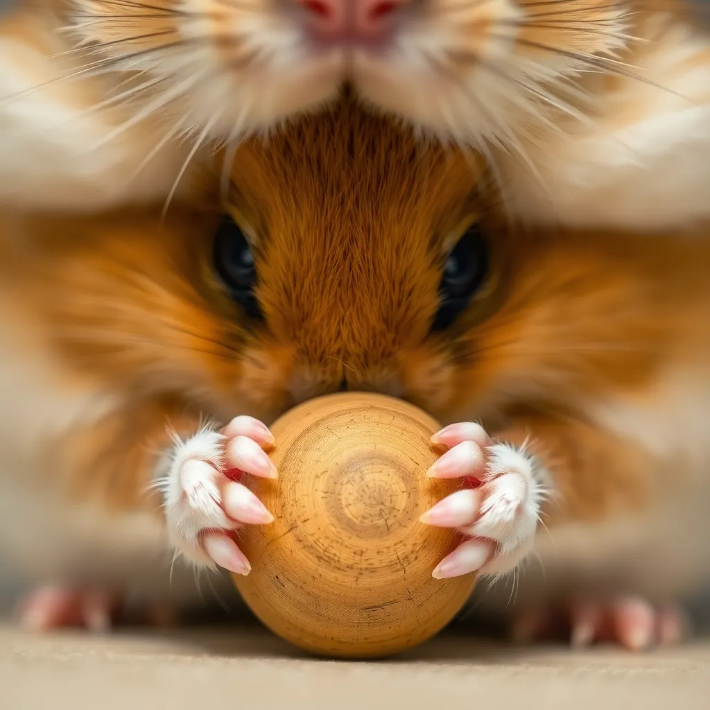 Hamster Paws Gripping Chew Toy This captivating close-up photograph showcases a hamster's paws gripping a wooden chew toy. The soft diffused daylight beautifully highlights the textures of the hamster's fur and the natural grain of the wood. A shallow depth of field draws attention to the intricate details of the paws, creating a sense of intimacy. This image reflects the charm and curiosity of pet hamsters.