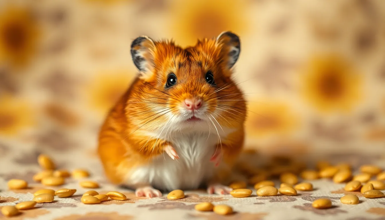 This delightful image captures a hamster sitting thoughtfully among scattered sunflower seeds on a rich patterned fabric. Enhanced by butterfly lighting, the composition brings out the warm browns and yellows of the hamster's fur, creating an inviting atmosphere. The dreamy bokeh background draws focus to the hamster's charming expression and detailed features, showcasing the beauty of this beloved pet. The off-center positioning adds dynamic visual interest.