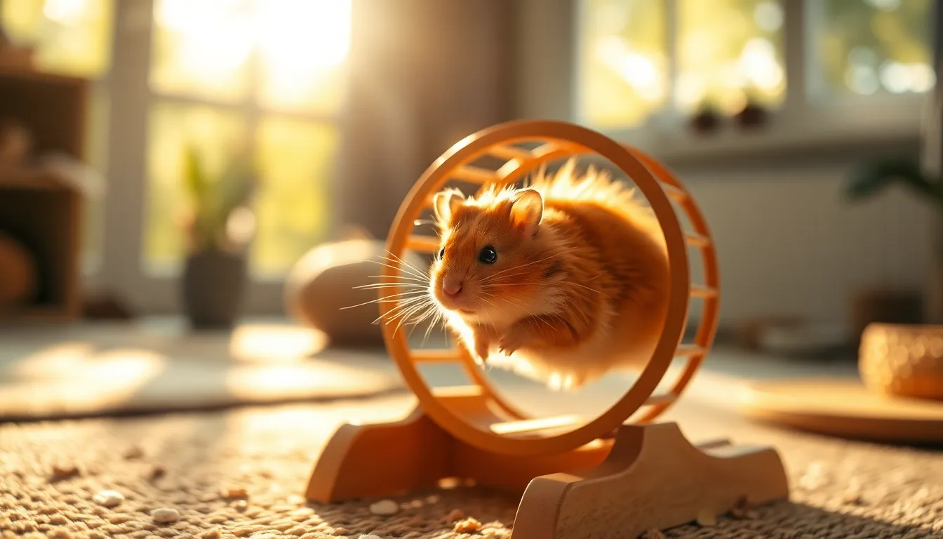 Playful Hamster in a Cozy Home This whimsical image captures a playful hamster in a cozy home environment, engaged in running on its wheel. The natural daylight streams in, creating soft shadows and highlights that enhance the warm, inviting mood. The hamster's soft fur is accentuated against the textured wooden wheel, while vibrant colors add life to the scene. The composition emphasizes the little creature in a moment of joy, bringing a smile to viewers' faces.