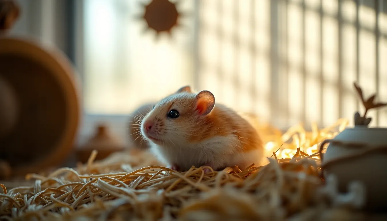 This heartwarming image captures a fluffy hamster cozily nestled in its natural bedding. The soft morning light filtering through the window enhances the serene mood, while the blurred background keeps the focus on the subject. The warm, neutral tones evoke a sense of comfort and domesticity, making it an ideal visual for pet lovers. The carefully arranged elements of the cage add to the overall charm and realism of the scene.