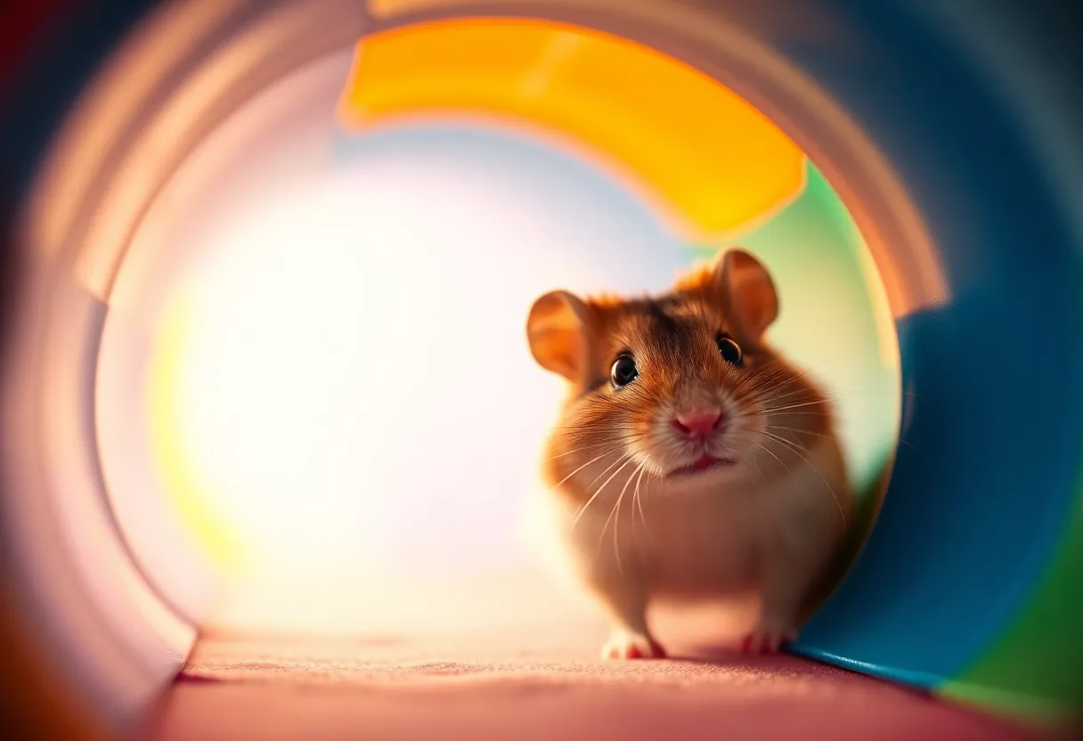 Curious Hamster in a Colorful Tunnel This enchanting image features a curious hamster peeking out from a vibrant tunnel, capturing its inquisitive nature. Bright, playful lighting accentuates the vivid colors of the tunnel while softening the background into a dreamy blur. The hamster's textured fur and expressive eyes are in sharp focus, inviting viewers to engage with its curious demeanor. The dynamic composition adds excitement to the scene, making it a delightful representation of pet exploration.