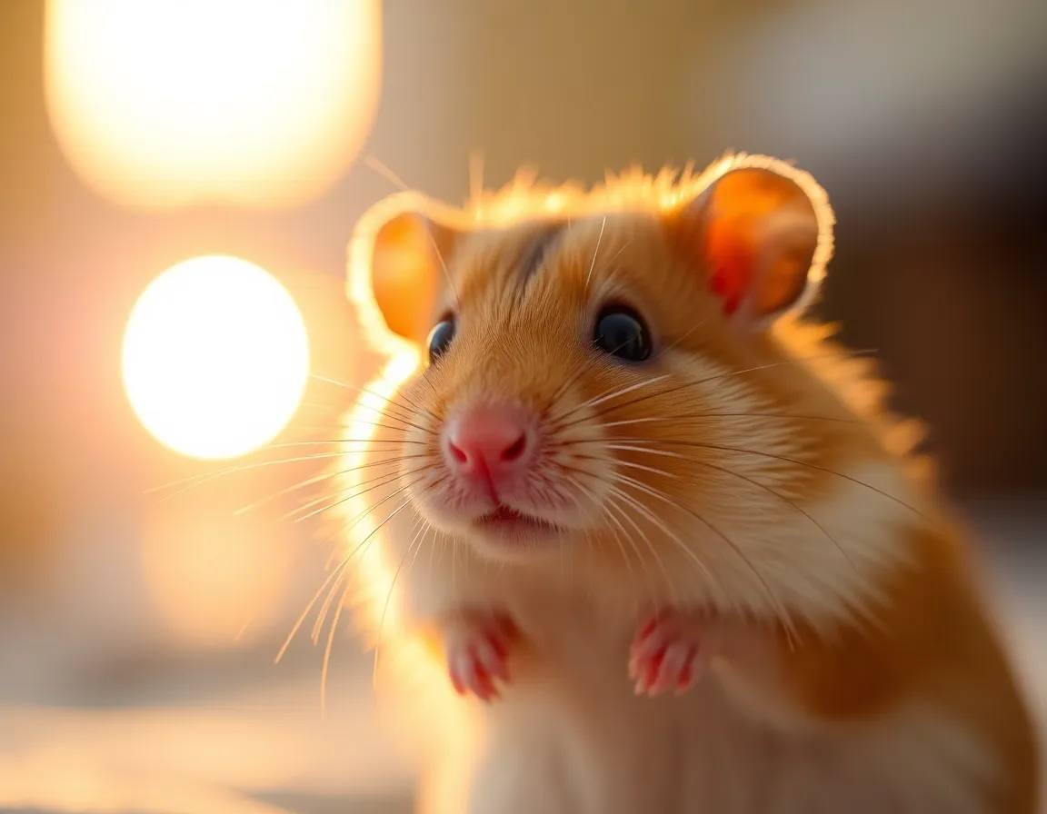 Hamster Nestled in Autumn Leaves This enchanting image captures a small hamster nestled amidst vibrant autumn leaves, beautifully lit by golden hour backlighting. The soft rim light accentuates the hamster's delicate fur while the background fades into a painterly bokeh. The warm, muted tones of the scene evoke feelings of tranquility and warmth. The composition follows the rule of thirds, drawing attention to the hamster's charming expression as it interacts with its natural surroundings.