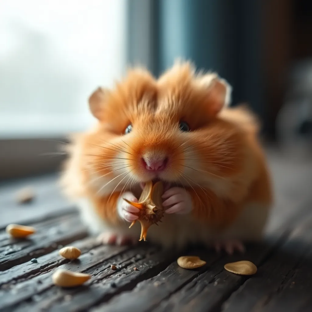 Golden Hamster Enjoying a Snack This delightful close-up portrays a fluffy golden hamster savoring a sunflower seed. The soft daylight highlights the intricate textures of its fur, while the blurred background enhances focus on the subject. Set against a dark wooden surface, the warm colors create an inviting atmosphere. This image embodies the joy of pet ownership and the cute antics of hamsters.
