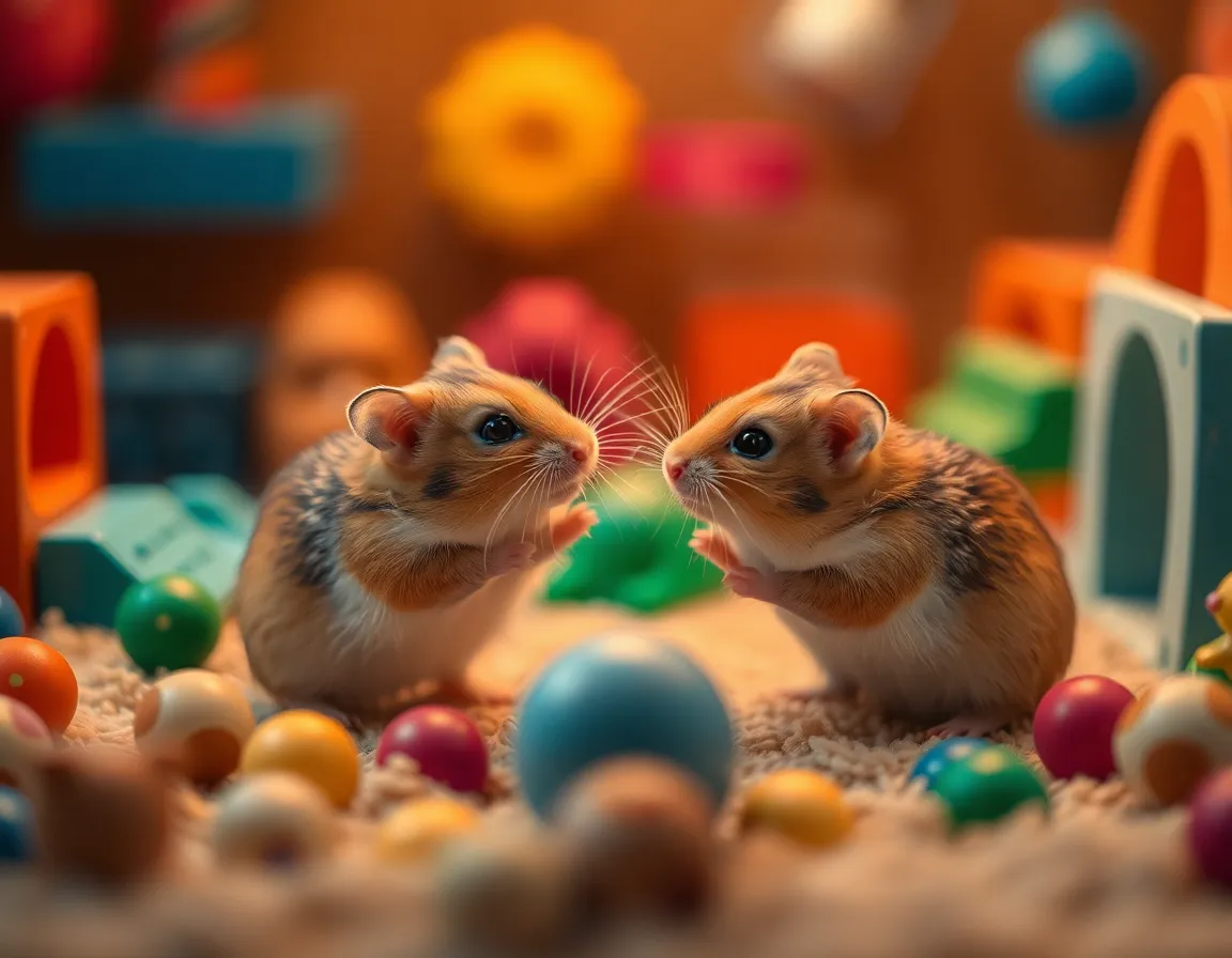 This lively image shows two hamsters joyfully interacting within a colorful miniature play area adorned with various toys. The warm tungsten lighting creates a cozy atmosphere, enhancing the playful nature of the scene. With a soft focus background, the image highlights the hamsters' animated expressions and fur textures, making it a delightful representation of pet companionship and playfulness.