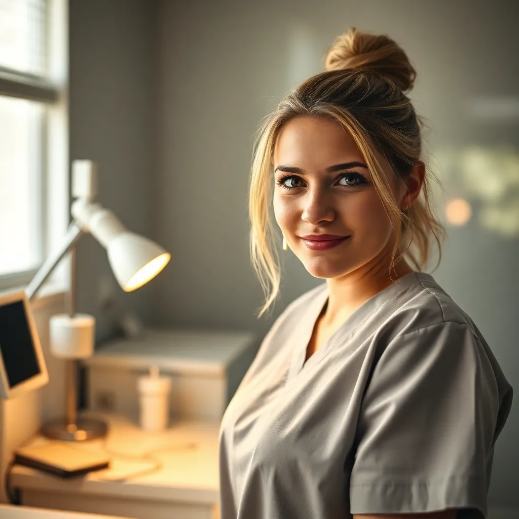 Compassionate Nurse Providing Care A dedicated nurse is seen attentively listening to a patient in a brightly lit hospital room. The warm tungsten light creates a soft, inviting atmosphere, highlighting the nurse's focused expression and textured cotton scrubs. The scene, captured in shallow depth of field, emphasizes the emotional connection between caregiver and patient, establishing trust and care in a healthcare setting. Muted earth tones enhance the calming mood of the image.