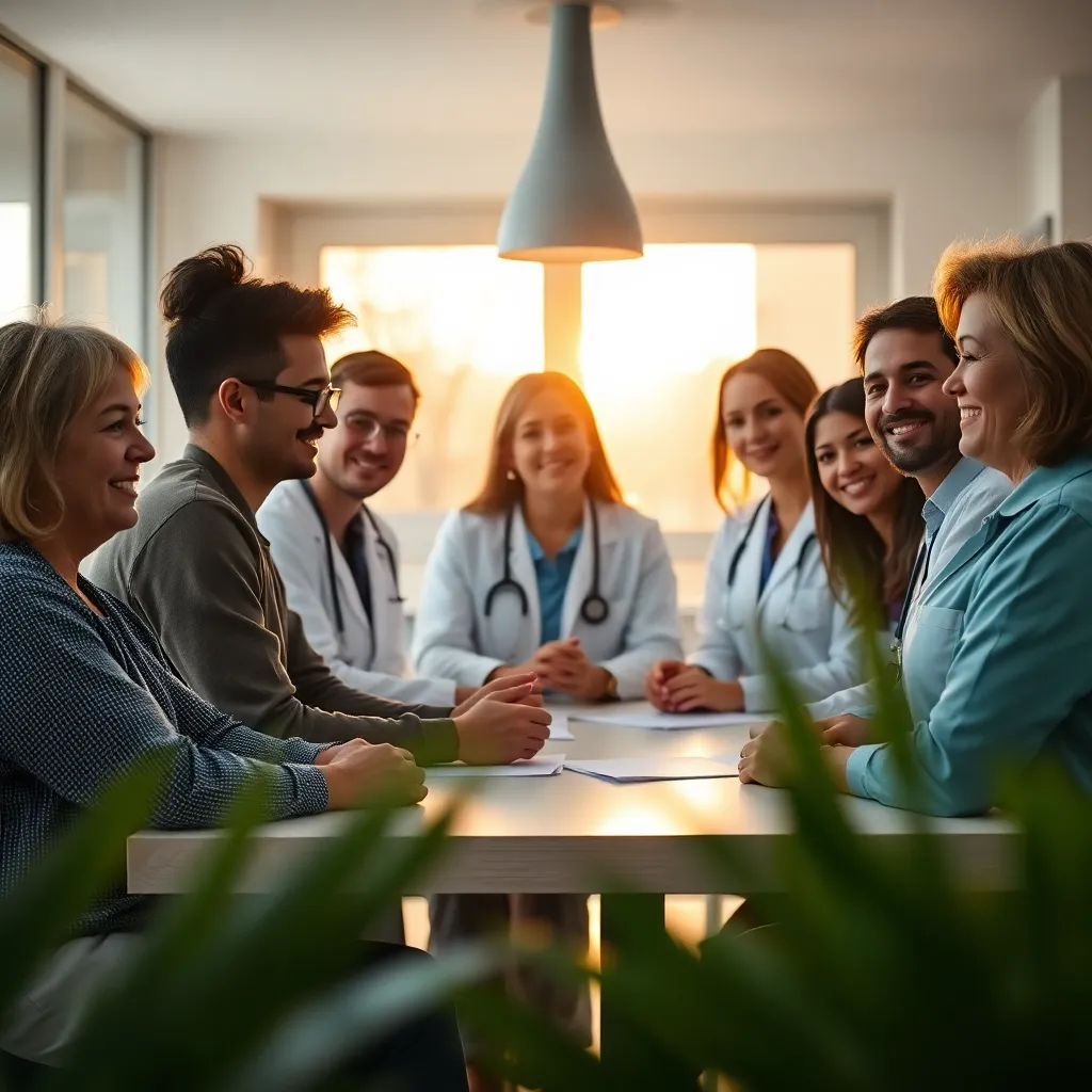 This dynamic image captures a diverse group of healthcare professionals engaged in discussion in a modern clinic. The warm golden hour lighting creates a welcoming atmosphere as the professionals share ideas. Their focused expressions reflect collaboration and teamwork, pivotal in the healthcare field. This image beautifully represents unity and communication, essential elements in providing quality care.