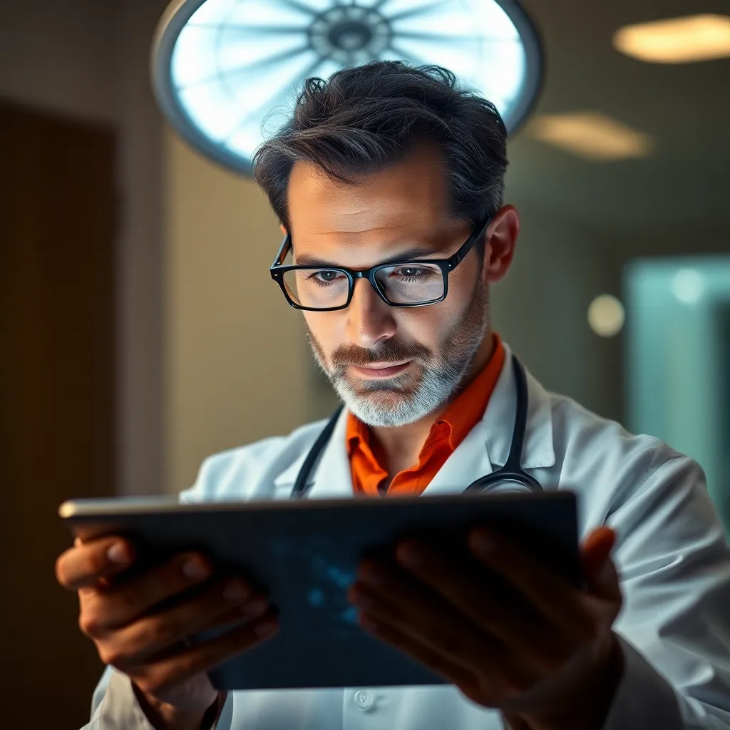 This striking image shows a doctor intently reviewing medical images on a tablet. The warm lighting and focused expression highlight his dedication and professionalism. The use of soft bokeh in the background maintains the focus on the doctor, creating a serene and focused atmosphere. Perfect for depicting the analytical side of healthcare, this image resonates with themes of precision and care.