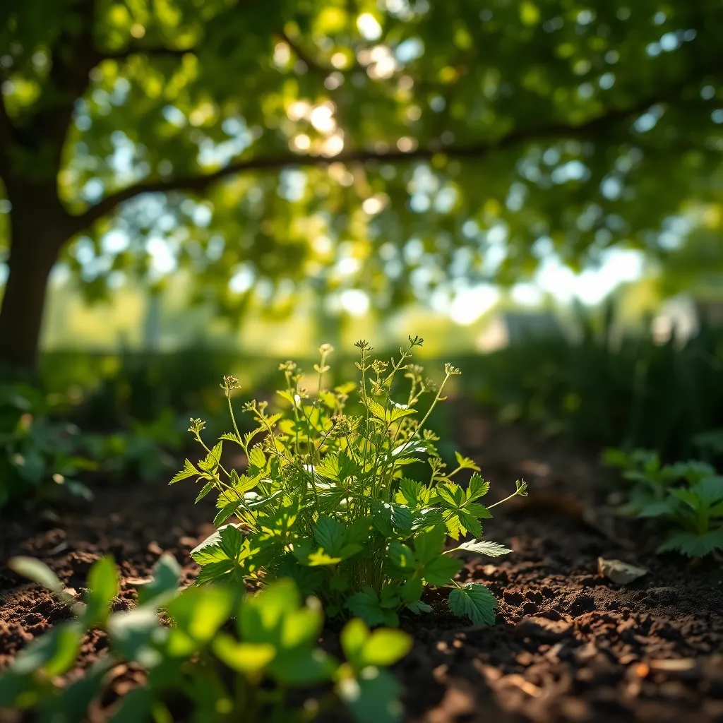 Healing Herbs in a Garden A vibrant garden filled with healing herbs showcases nature's bounty and its role in healthcare. Dappled sunlight filters through the tree canopy, creating a magical bokeh effect around the herbs. This macro photography captures the rich textures of leaves and soil, emphasizing the natural beauty and potential therapeutic properties of these plants. The composition invites viewers to appreciate the connection between nature and health.